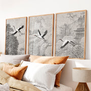 Misty Japanese Landscape Art with Cherry Blossom and Mountain - Natural Wood Framed Poster No Border - Artworksets