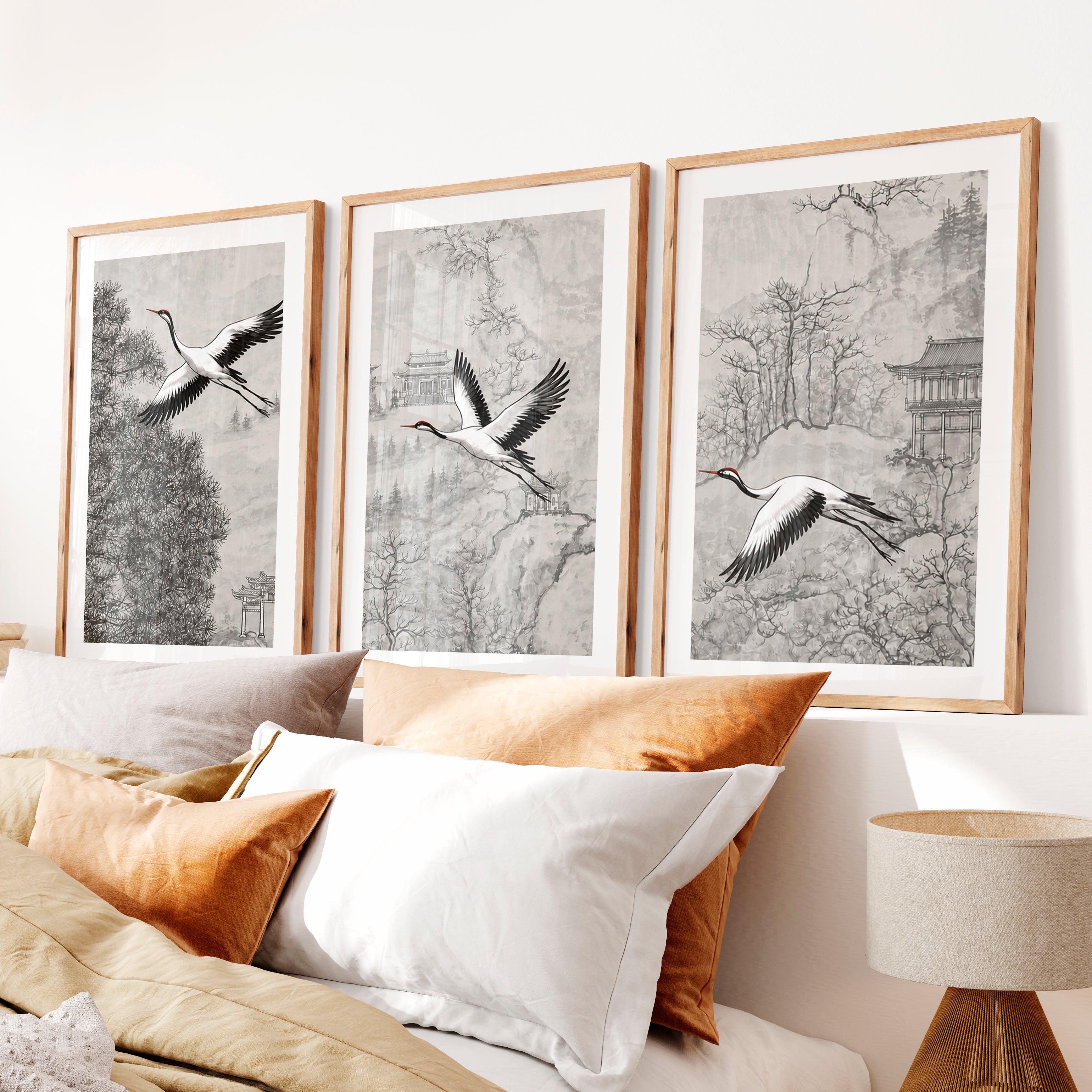 Misty Japanese Landscape Art with Cherry Blossom and Mountain- Natural Wood Framed Poster with White Border - Artworksets