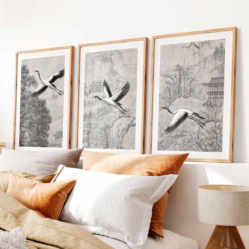 Misty Japanese Landscape Art with Cherry Blossom and Mountain- Natural Wood Framed Poster with White Border - Artworksets