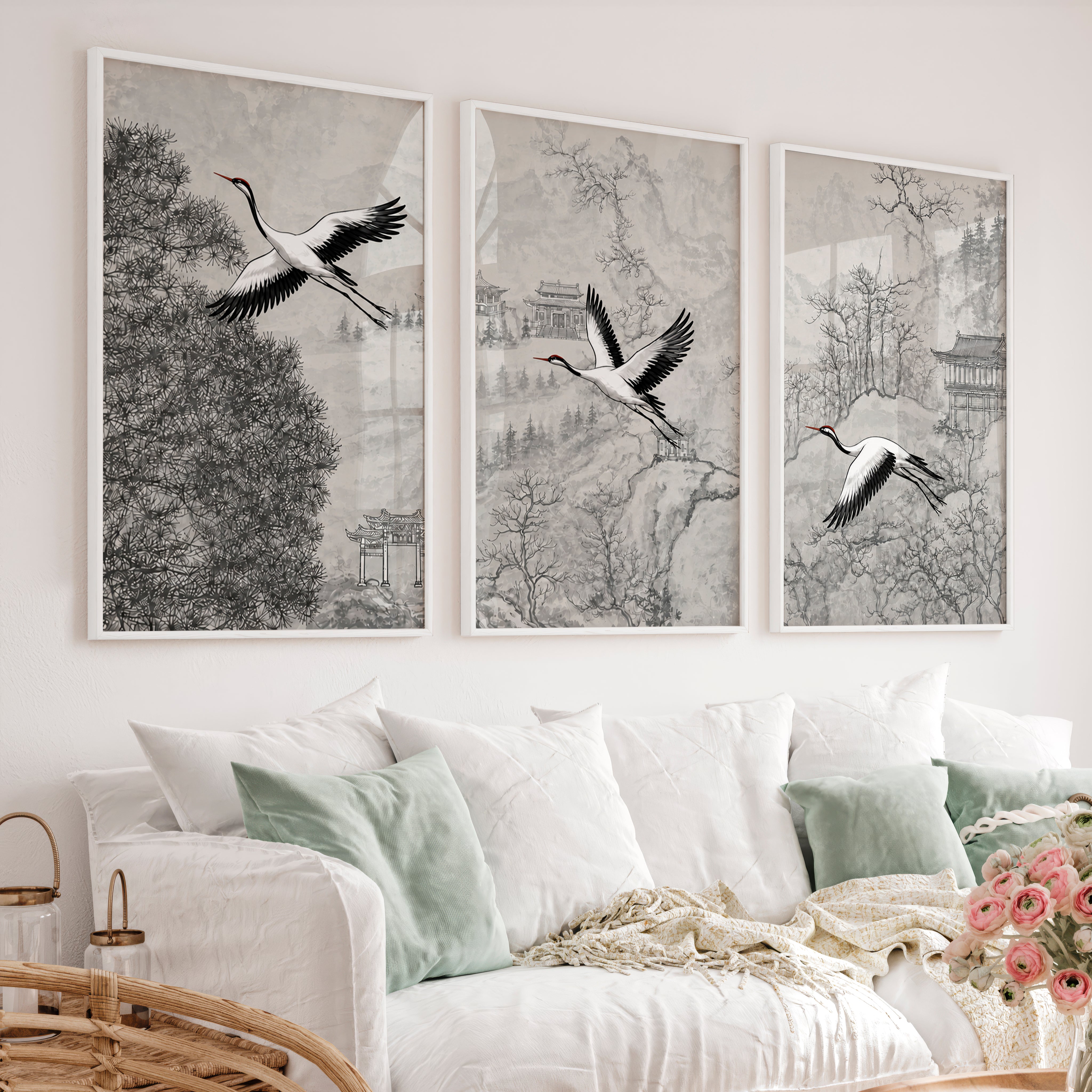 Misty Japanese Landscape Art with Cherry Blossom and Mountain - White Framed Poster No Border - Artworksets