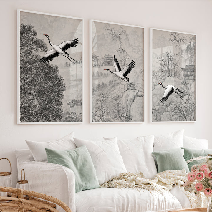 Misty Japanese Landscape Art with Cherry Blossom and Mountain - White Framed Poster No Border - Artworksets
