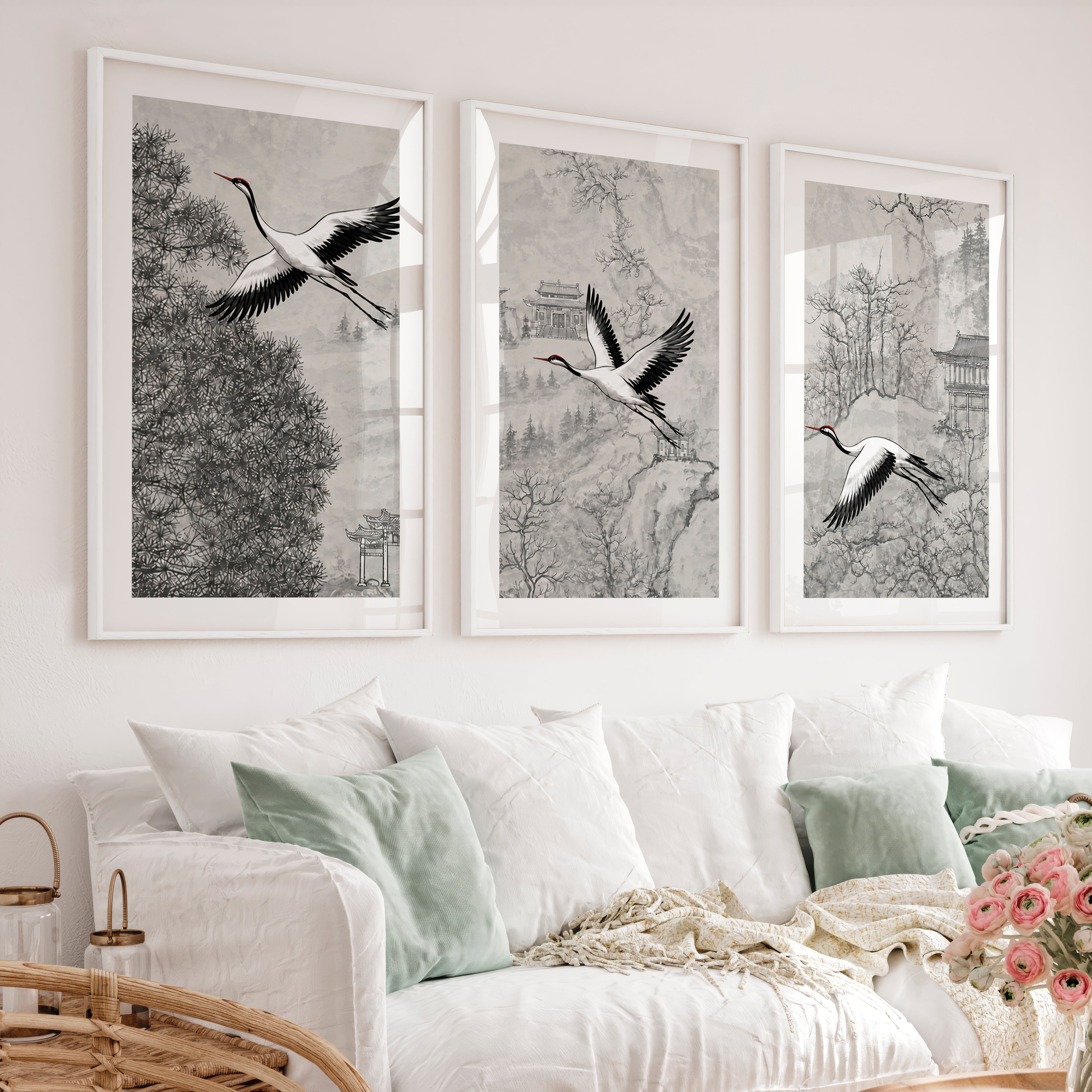 Misty Japanese Landscape Art with Cherry Blossom and Mountain - White Framed Poster with White Border - Artworksets
