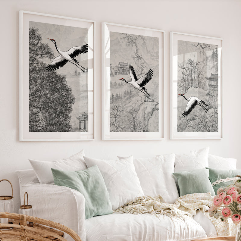 Misty Japanese Landscape Art with Cherry Blossom and Mountain - White Framed Poster with White Border - Artworksets