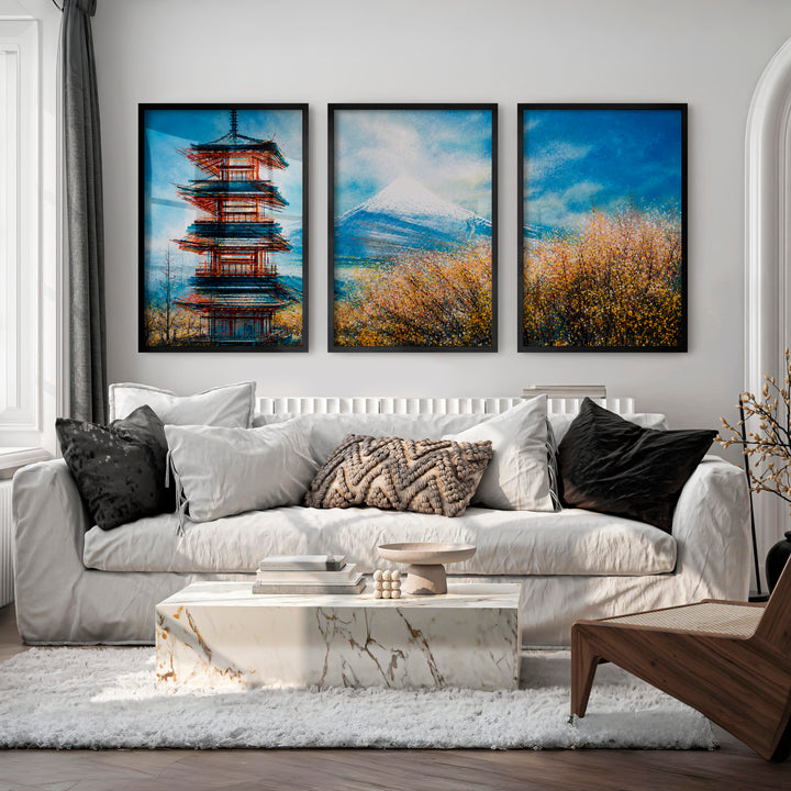 Japanese Landscape Art Featuring Forest and Moon Triptych - Black Framed Poster No Border - Artworksets