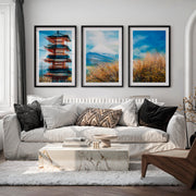 Japanese Landscape Art Featuring Forest and Moon Triptych - Black Framed Poster with White Border - Artworksets