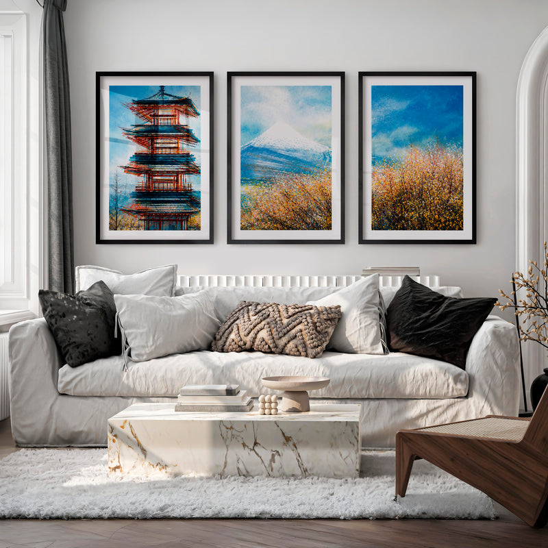 Japanese Landscape Art Featuring Forest and Moon Triptych - Black Framed Poster with White Border - Artworksets