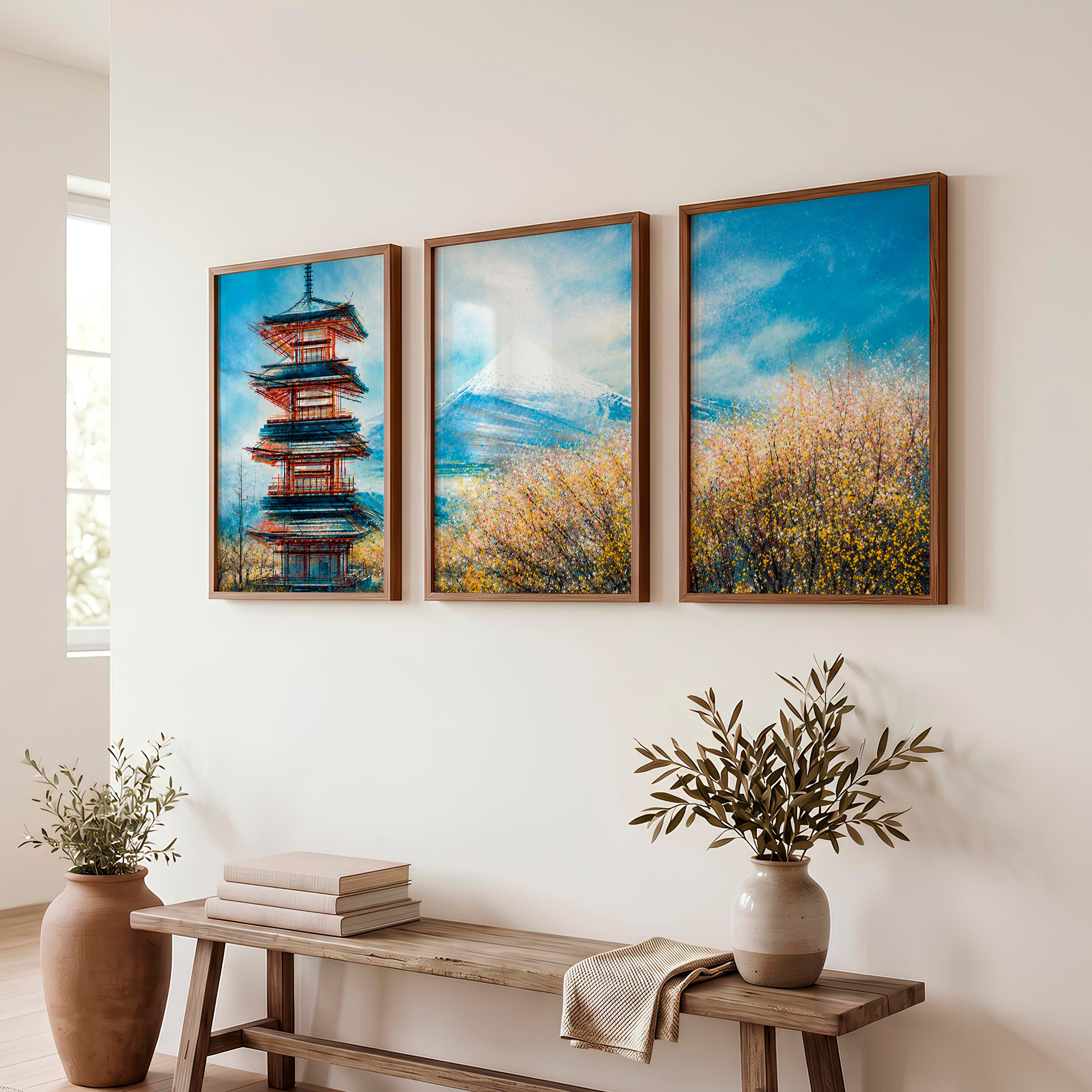 Japanese Landscape Art Featuring Forest and Moon Triptych - Dark Brown Framed Poster No Border - Artworksets