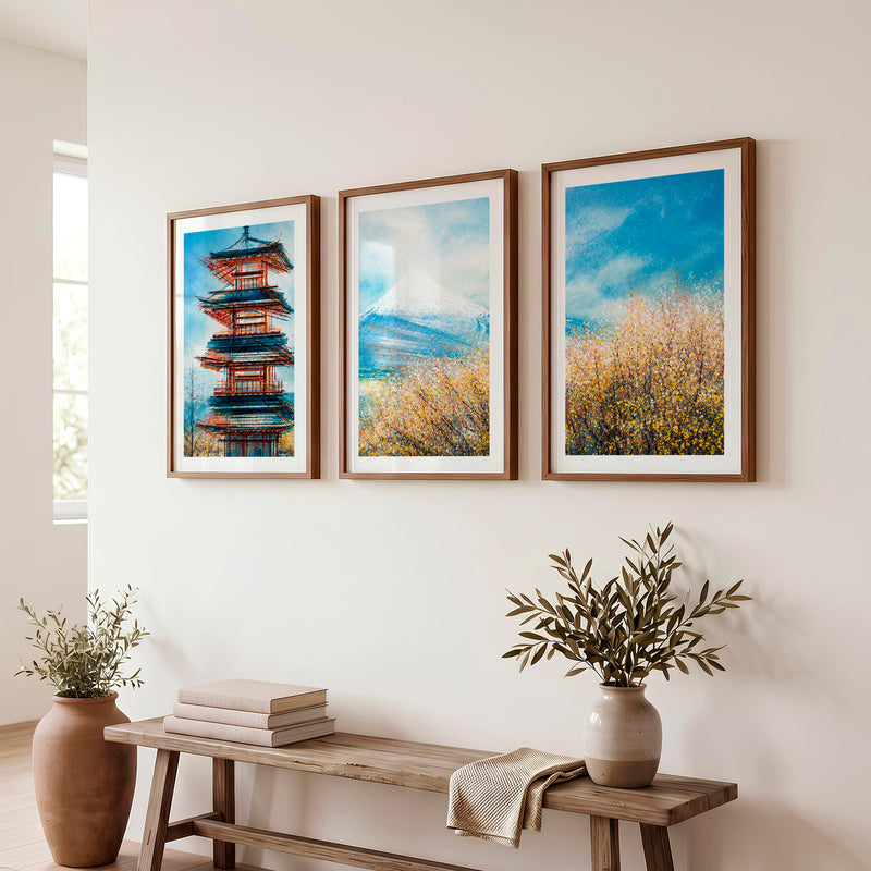 Japanese Landscape Art Featuring Forest and Moon Triptych - Dark Brown Framed Poster with White Border - Artworksets