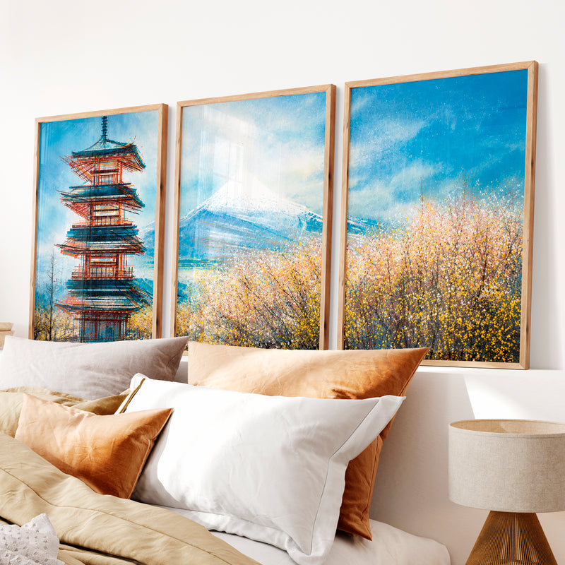 Japanese Landscape Art Featuring Forest and Moon Triptych - Natural Wood Framed Poster No Border - Artworksets