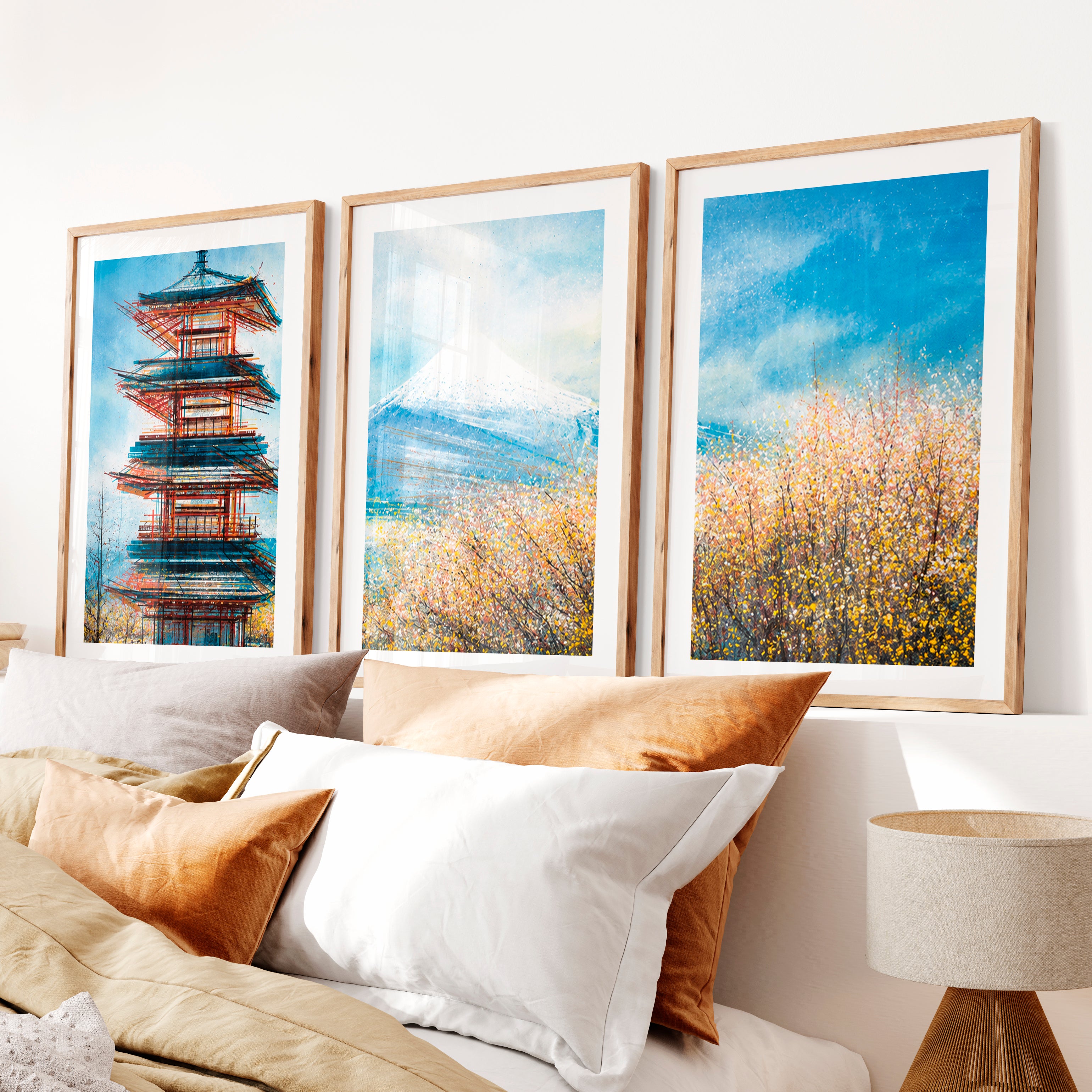 Japanese Landscape Art Featuring Forest and Moon Triptych- Natural Wood Framed Poster with White Border - Artworksets