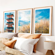 Japanese Landscape Art Featuring Forest and Moon Triptych- Natural Wood Framed Poster with White Border - Artworksets