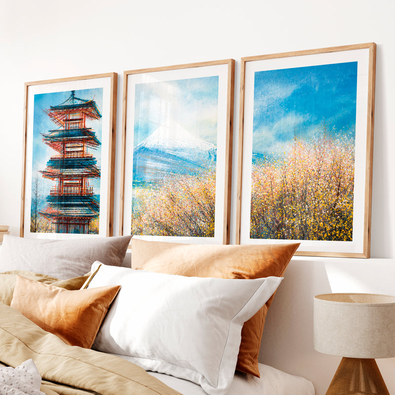 Japanese Landscape Art Featuring Forest and Moon Triptych- Natural Wood Framed Poster with White Border - Artworksets