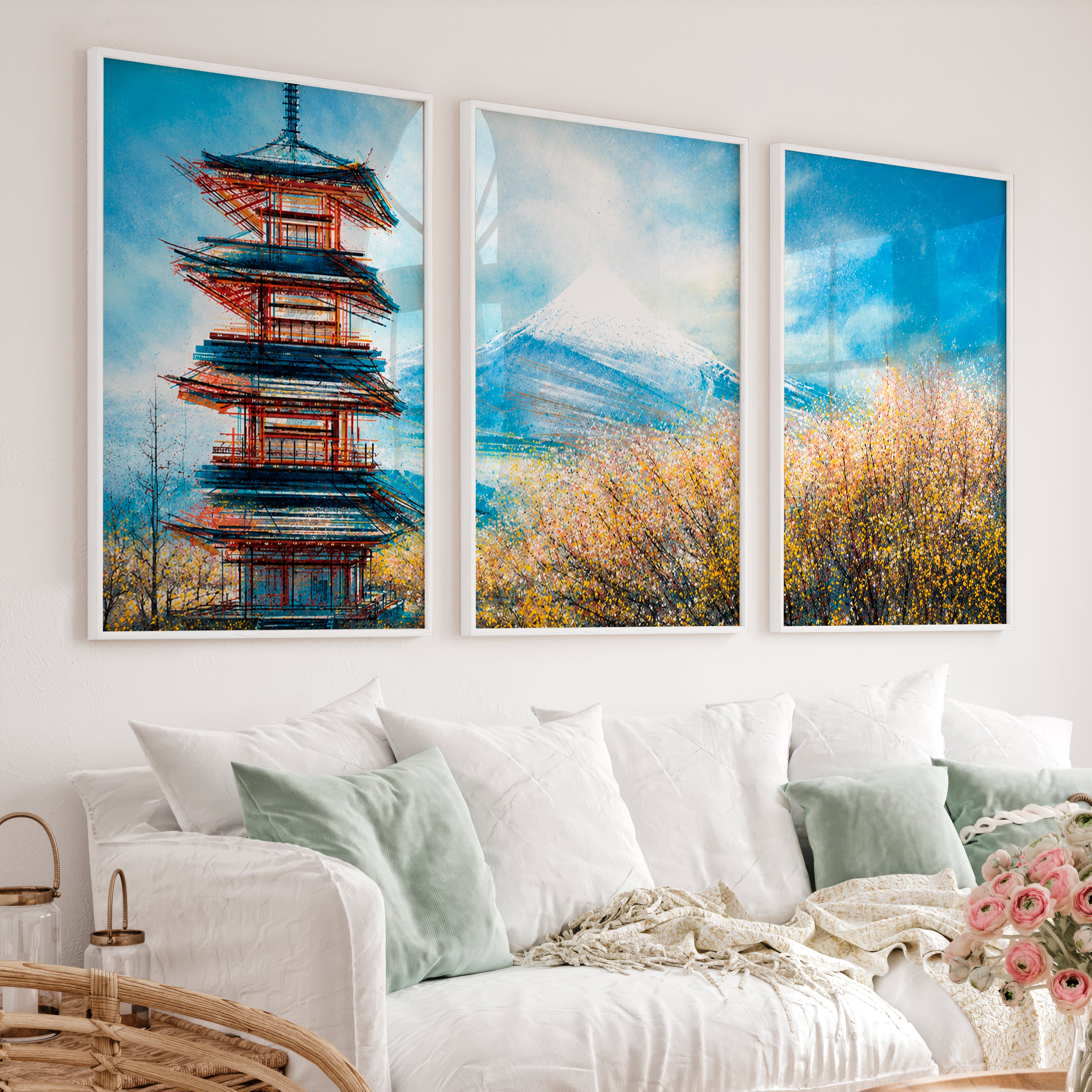 Japanese Landscape Art Featuring Forest and Moon Triptych - White Framed Poster No Border - Artworksets