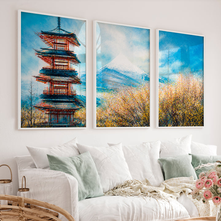 Japanese Landscape Art Featuring Forest and Moon Triptych - White Framed Poster No Border - Artworksets