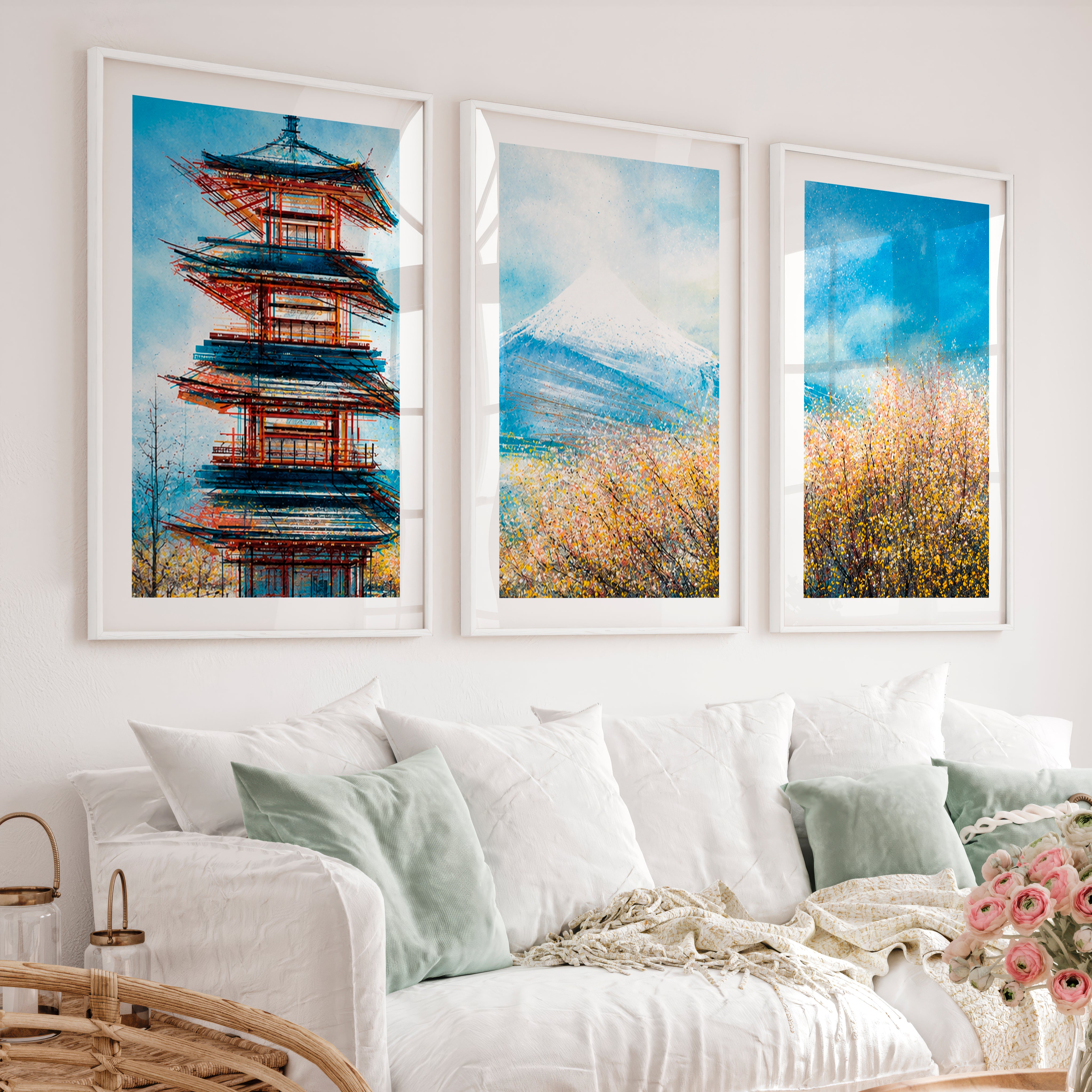 Japanese Landscape Art Featuring Forest and Moon Triptych - White Framed Poster with White Border - Artworksets