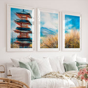 Japanese Landscape Art Featuring Forest and Moon Triptych - White Framed Poster with White Border - Artworksets