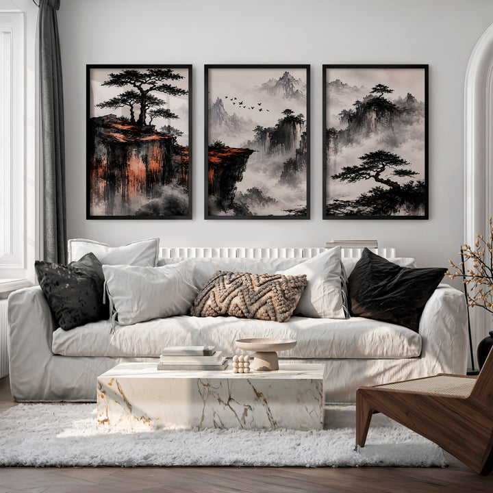 Japanese Landscape Art Featuring Misty Mountains and Pine Trees - Black Framed Poster No Border - Artworksets