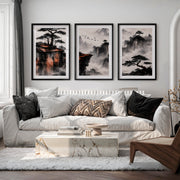 Japanese Landscape Art Featuring Misty Mountains and Pine Trees - Black Framed Poster with White Border - Artworksets