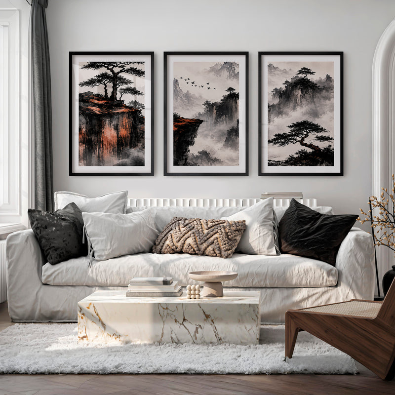 Japanese Landscape Art Featuring Misty Mountains and Pine Trees - Black Framed Poster with White Border - Artworksets