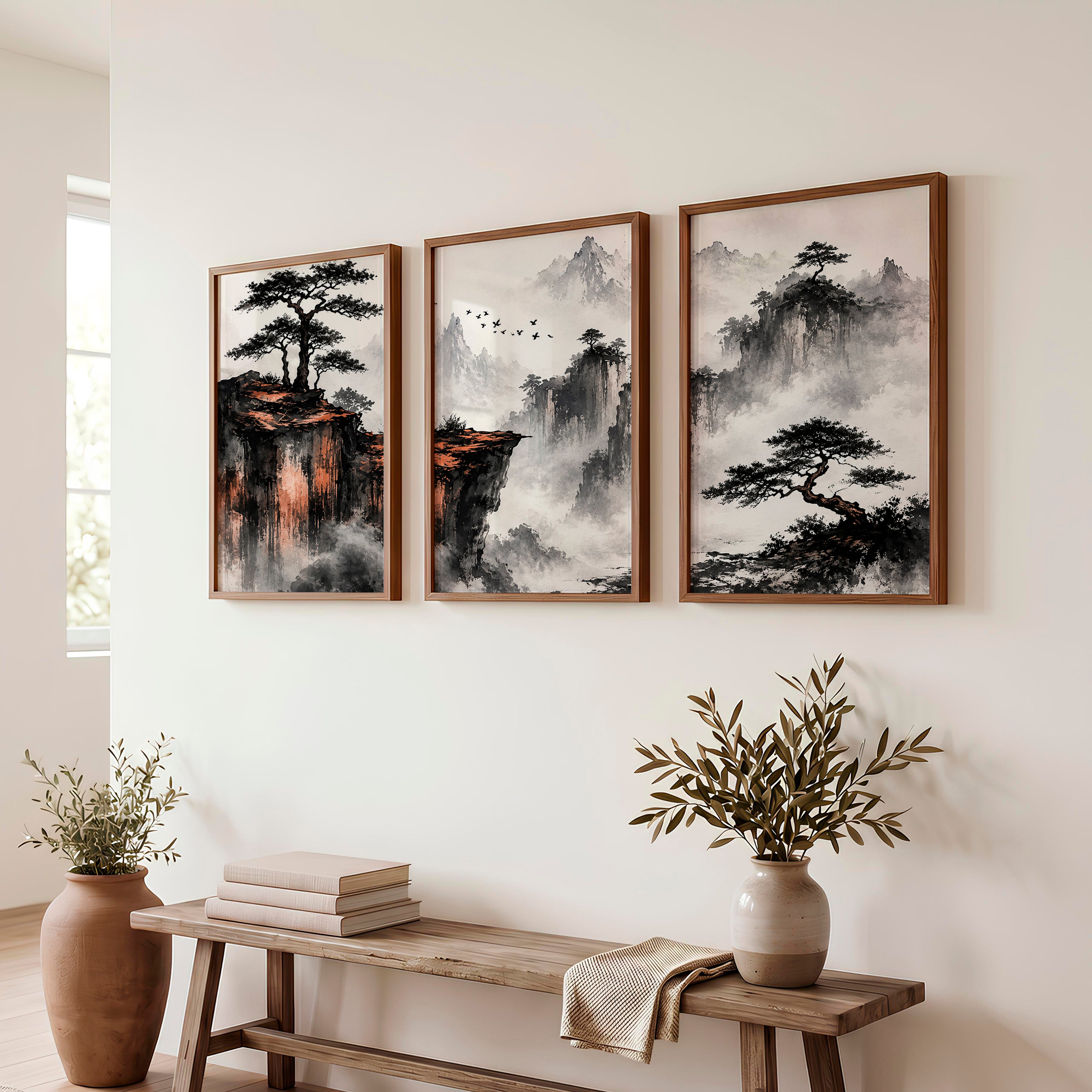 Japanese Landscape Art Featuring Misty Mountains and Pine Trees - Dark Brown Framed Poster No Border - Artworksets