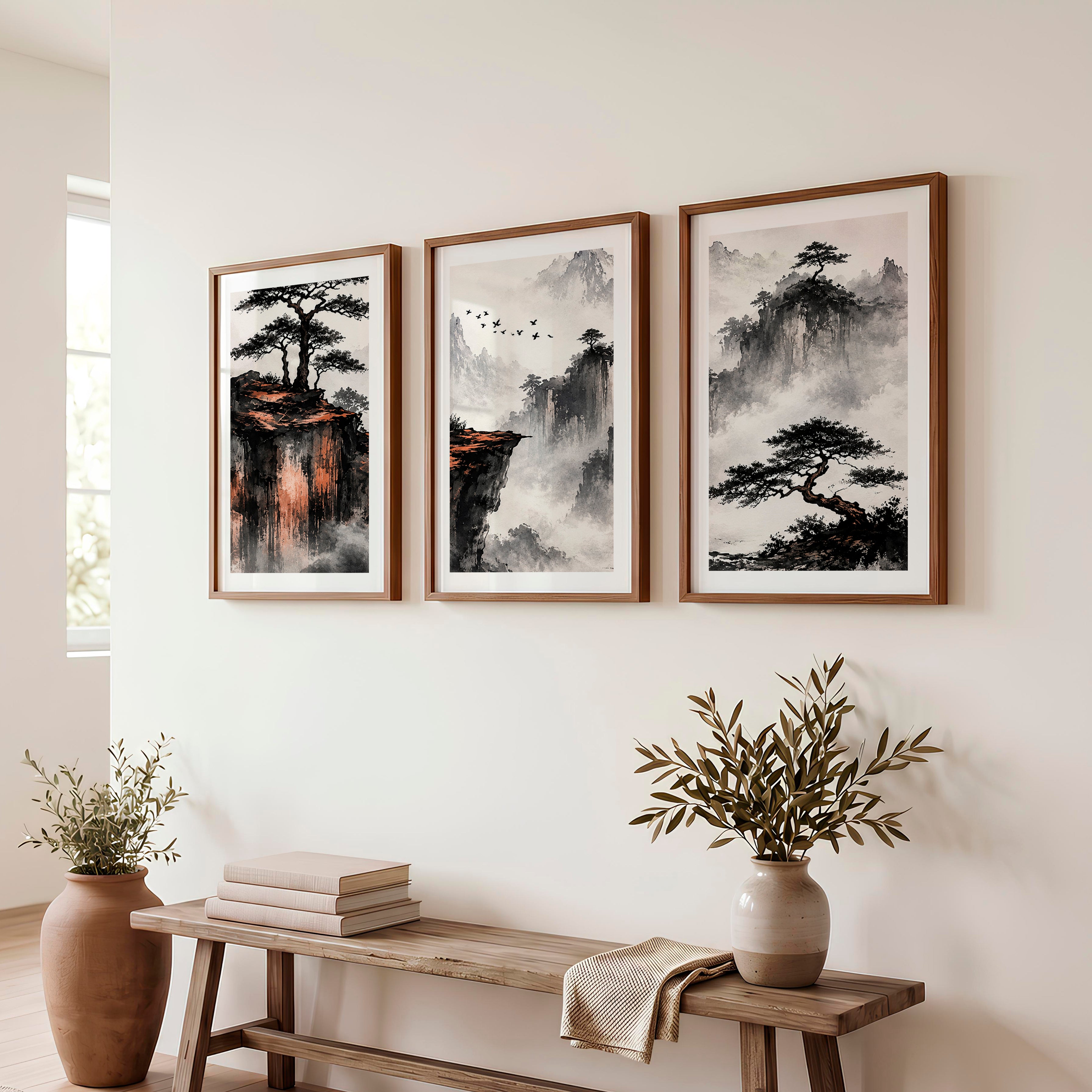 Japanese Landscape Art Featuring Misty Mountains and Pine Trees - Dark Brown Framed Poster with White Border - Artworksets