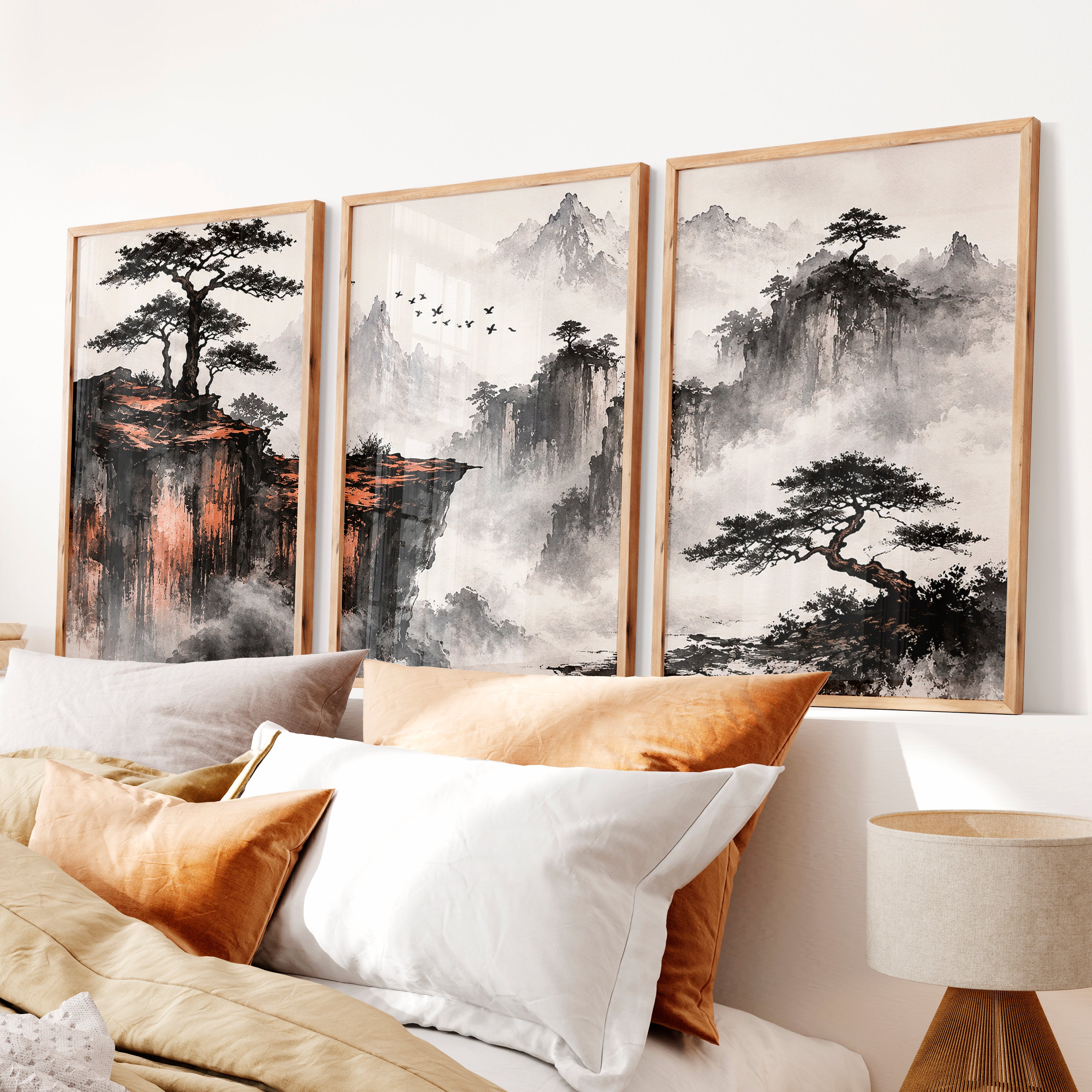 Japanese Landscape Art Featuring Misty Mountains and Pine Trees - Natural Wood Framed Poster No Border - Artworksets