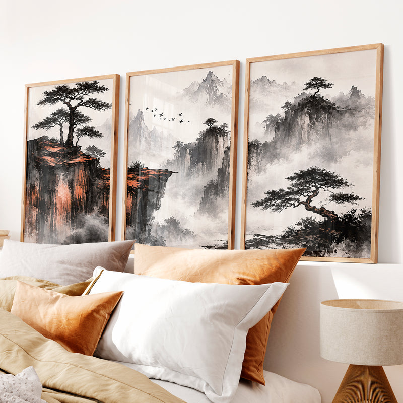 Japanese Landscape Art Featuring Misty Mountains and Pine Trees - Natural Wood Framed Poster No Border - Artworksets
