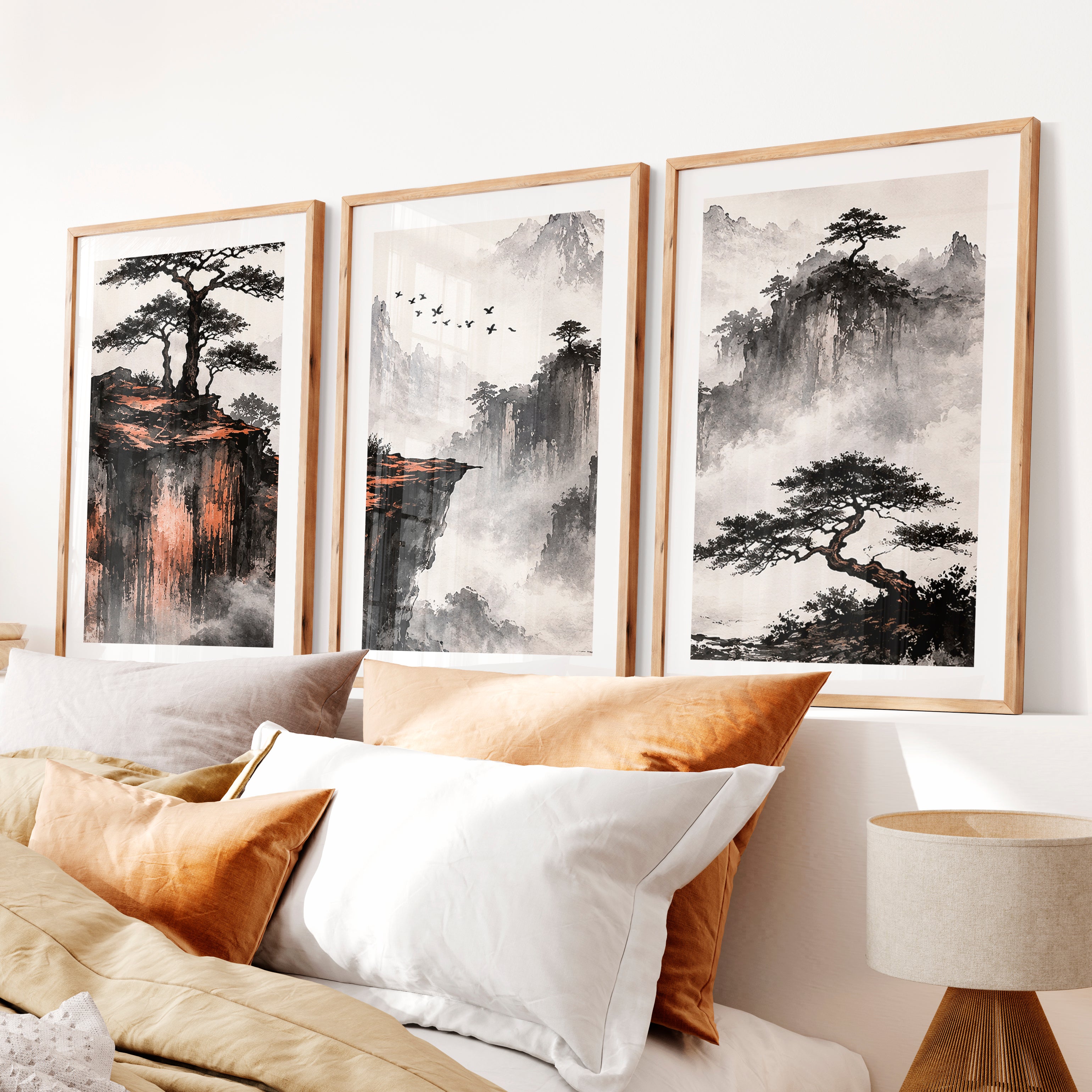 Japanese Landscape Art Featuring Misty Mountains and Pine Trees- Natural Wood Framed Poster with White Border - Artworksets