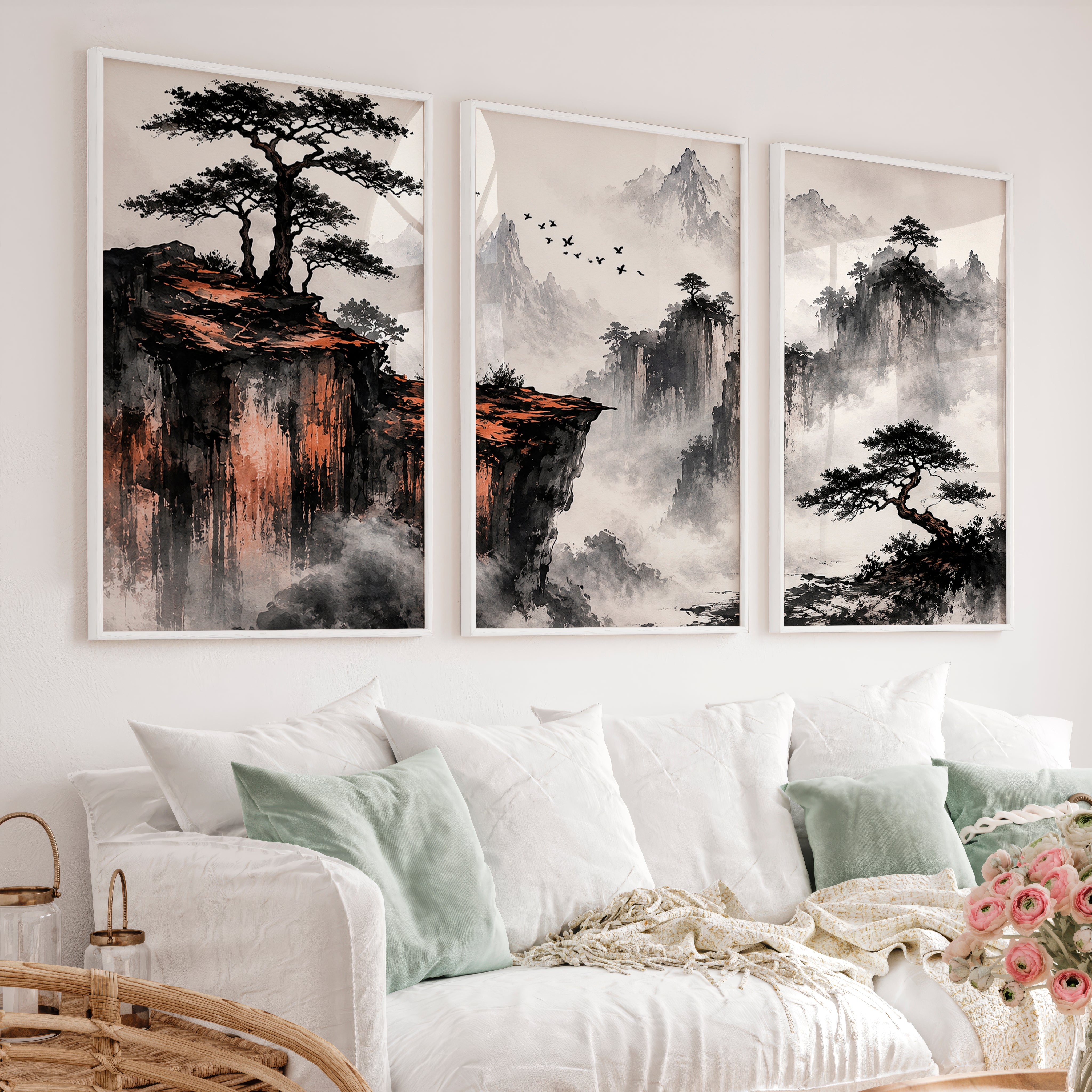 Japanese Landscape Art Featuring Misty Mountains and Pine Trees - White Framed Poster No Border - Artworksets