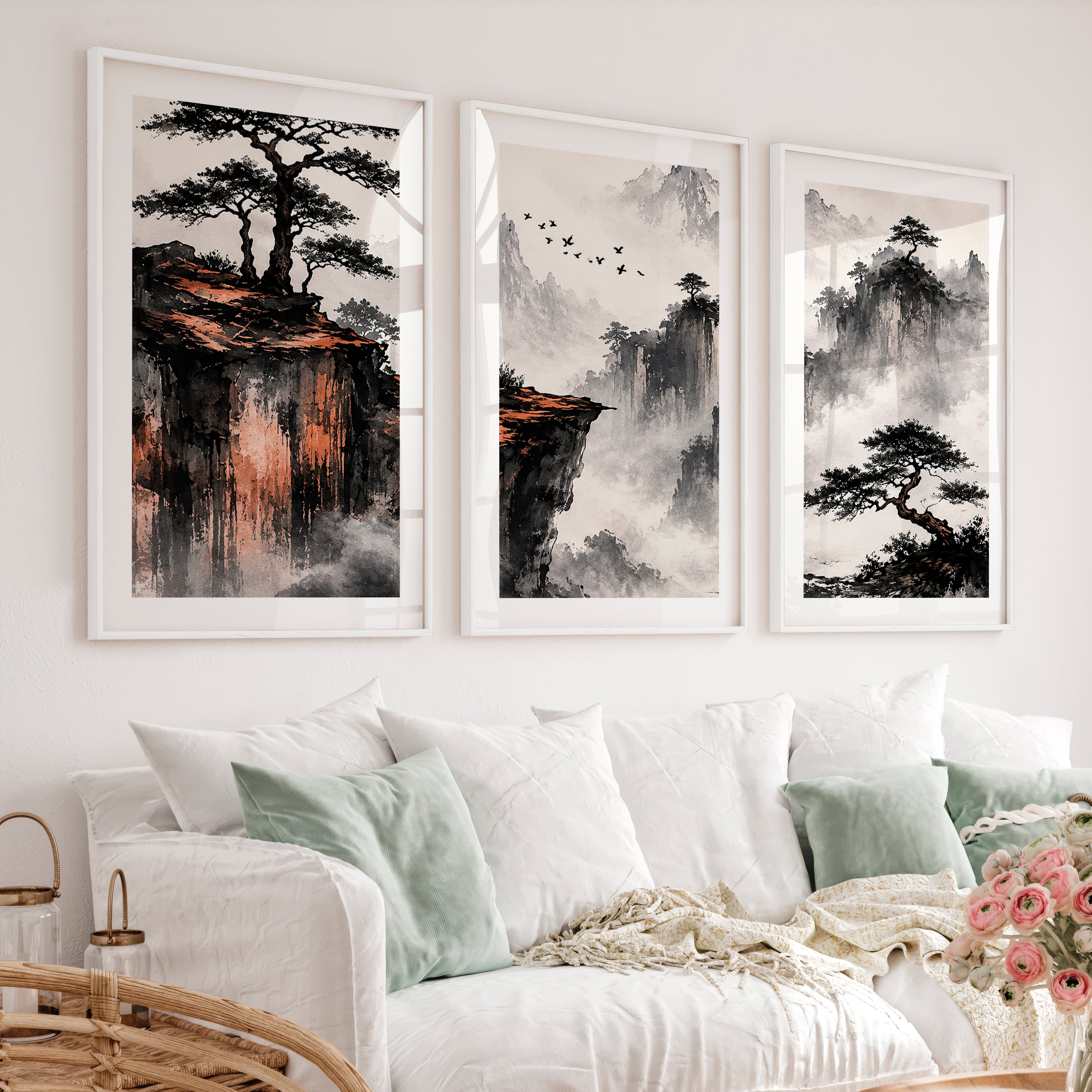 Japanese Landscape Art Featuring Misty Mountains and Pine Trees - White Framed Poster with White Border - Artworksets