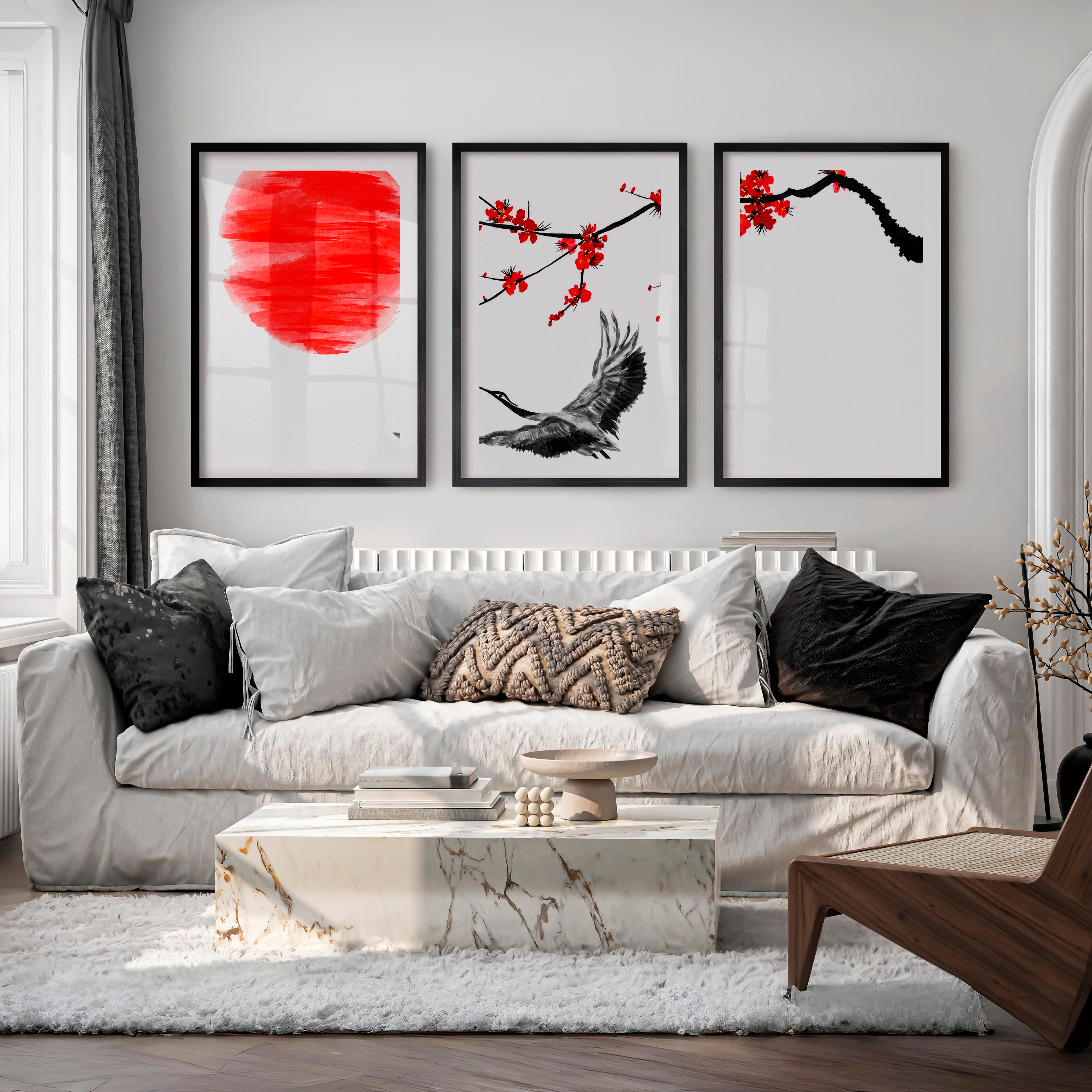 Japanese Landscape Art Featuring Mountain Pines and Mist - Black Framed Poster with White Border - Artworksets