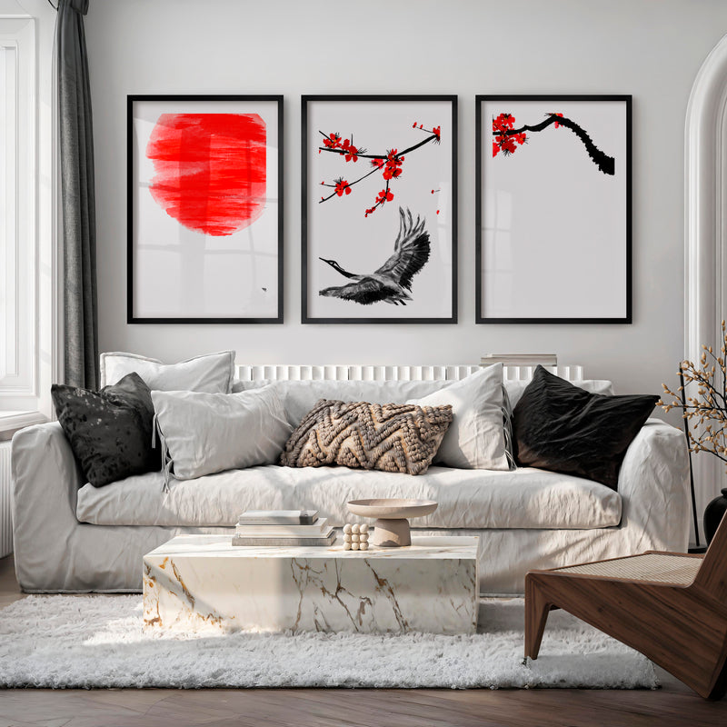 Japanese Landscape Art Featuring Mountain Pines and Mist - Black Framed Poster with White Border - Artworksets