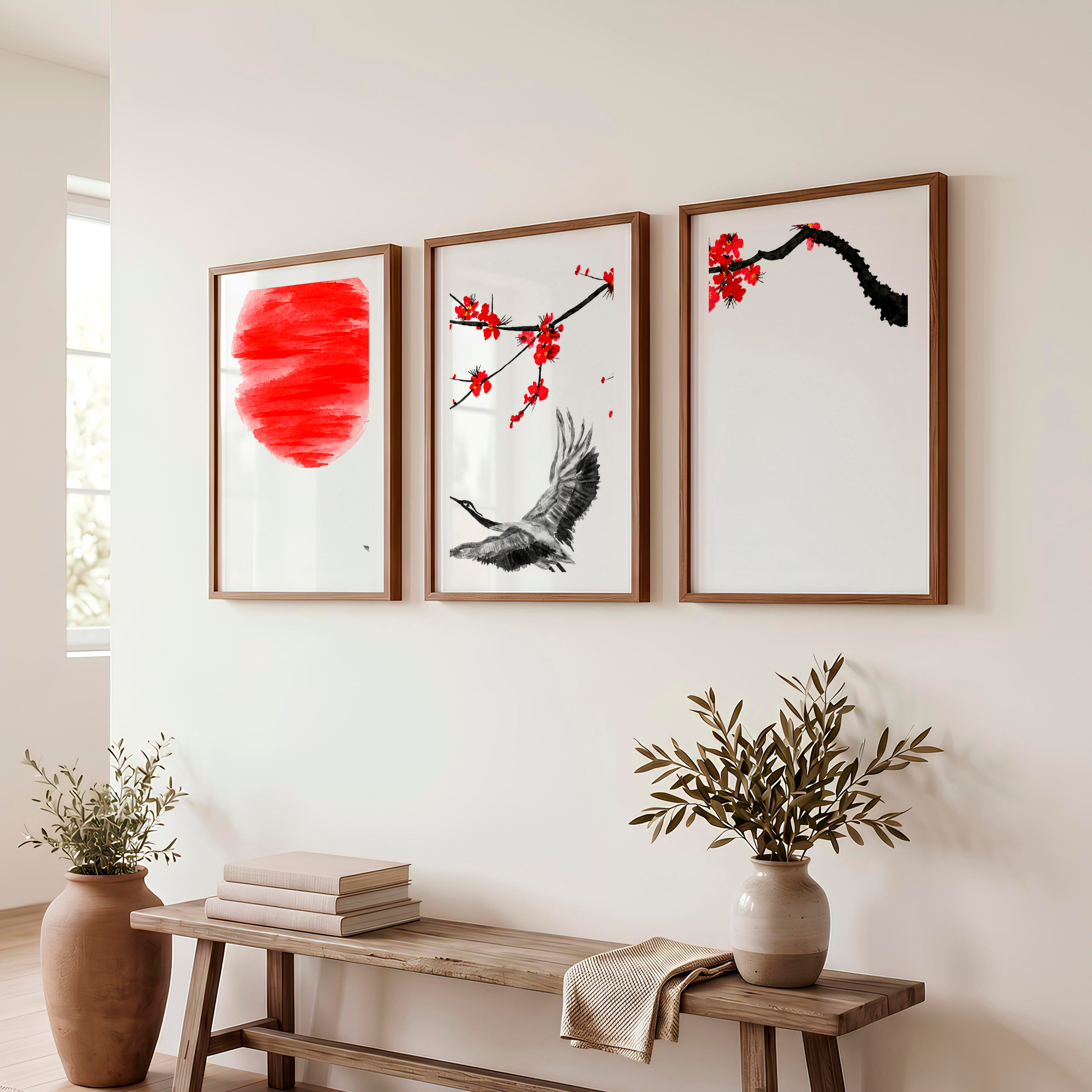 Japanese Landscape Art Featuring Mountain Pines and Mist - Dark Brown Framed Poster with White Border - Artworksets