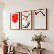 Japanese Landscape Art Featuring Mountain Pines and Mist - Dark Brown Framed Poster with White Border - Artworksets
