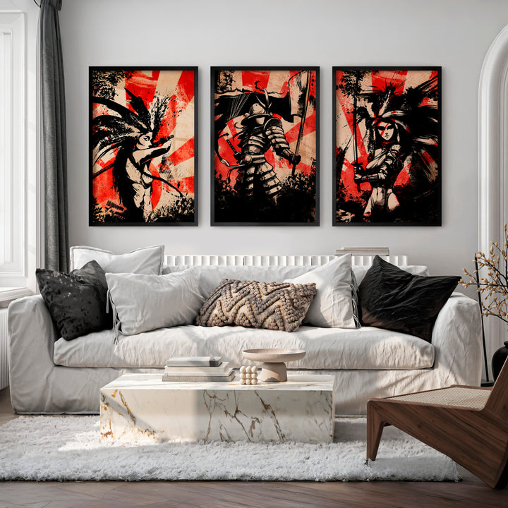 Japanese Landscape Art Featuring Mountain Peak with Red Sun - Black Framed Poster No Border - Artworksets