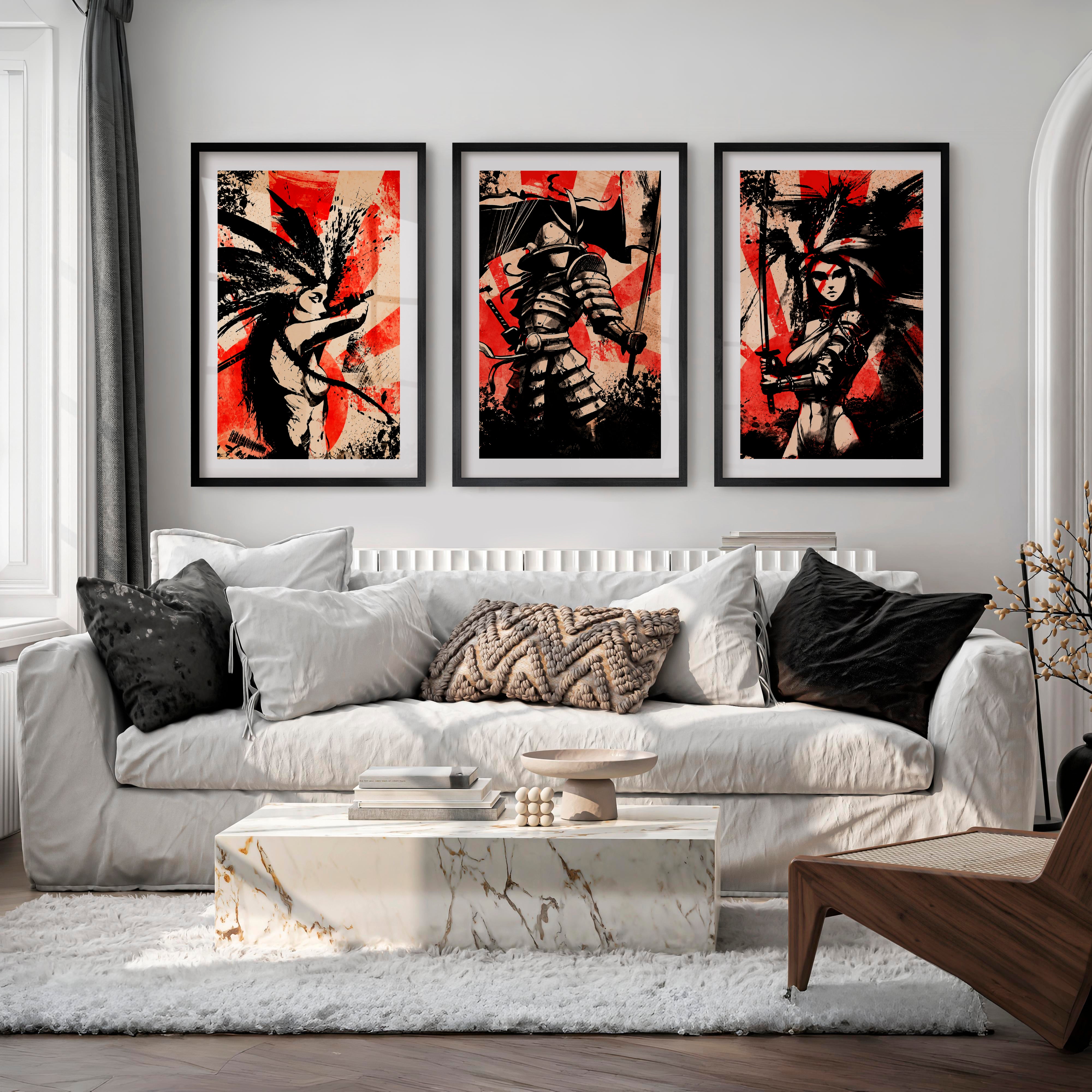 Japanese Landscape Art Featuring Mountain Peak with Red Sun - Black Framed Poster with White Border - Artworksets