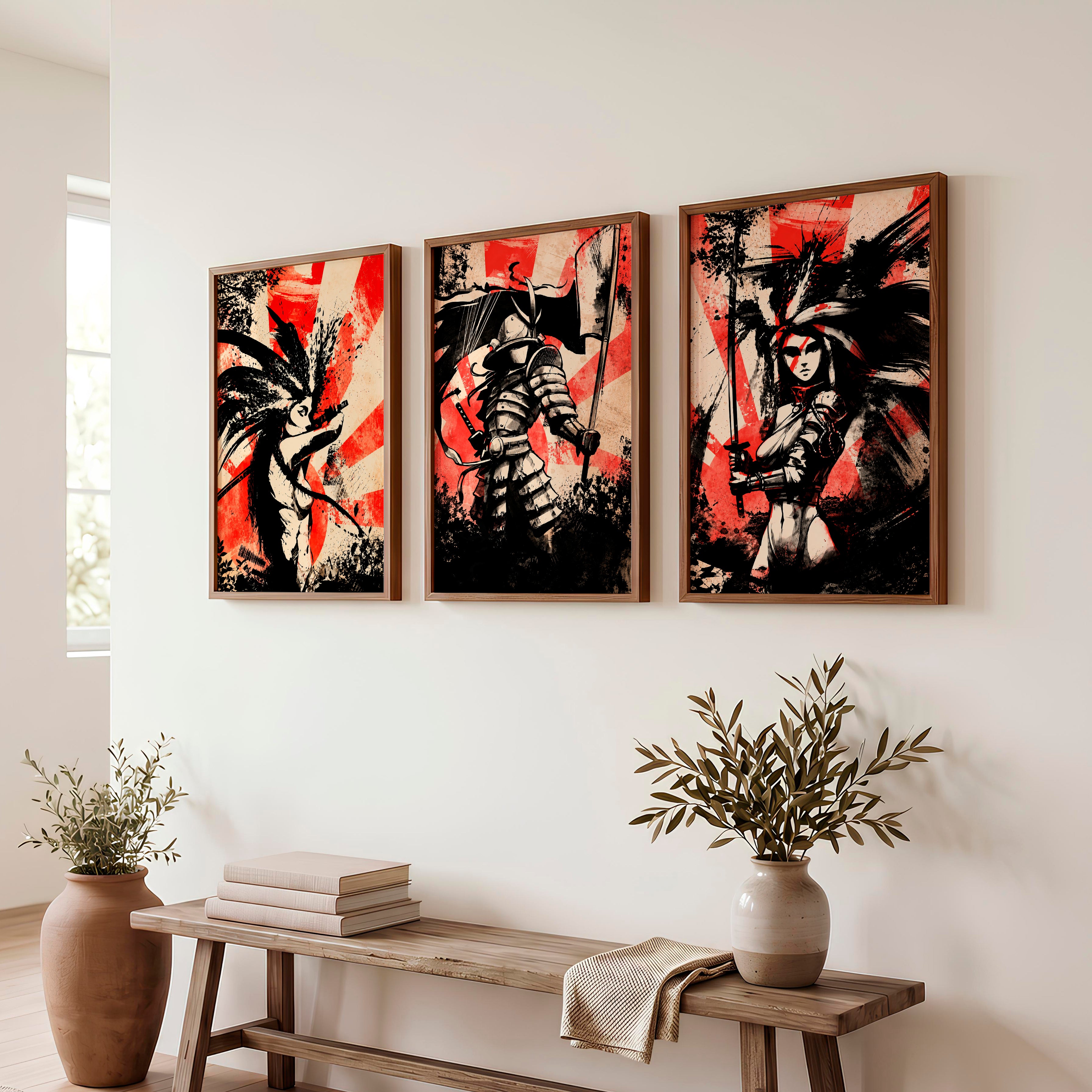 Japanese Landscape Art Featuring Mountain Peak with Red Sun - Dark Brown Framed Poster No Border - Artworksets