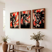 Japanese Landscape Art Featuring Mountain Peak with Red Sun - Dark Brown Framed Poster No Border - Artworksets