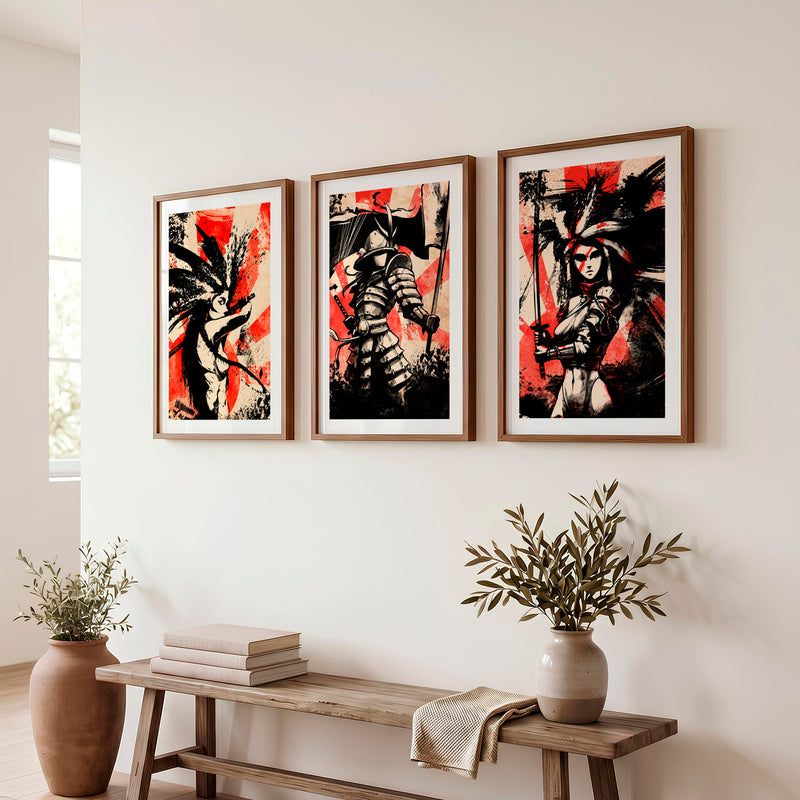 Japanese Landscape Art Featuring Mountain Peak with Red Sun - Dark Brown Framed Poster with White Border - Artworksets