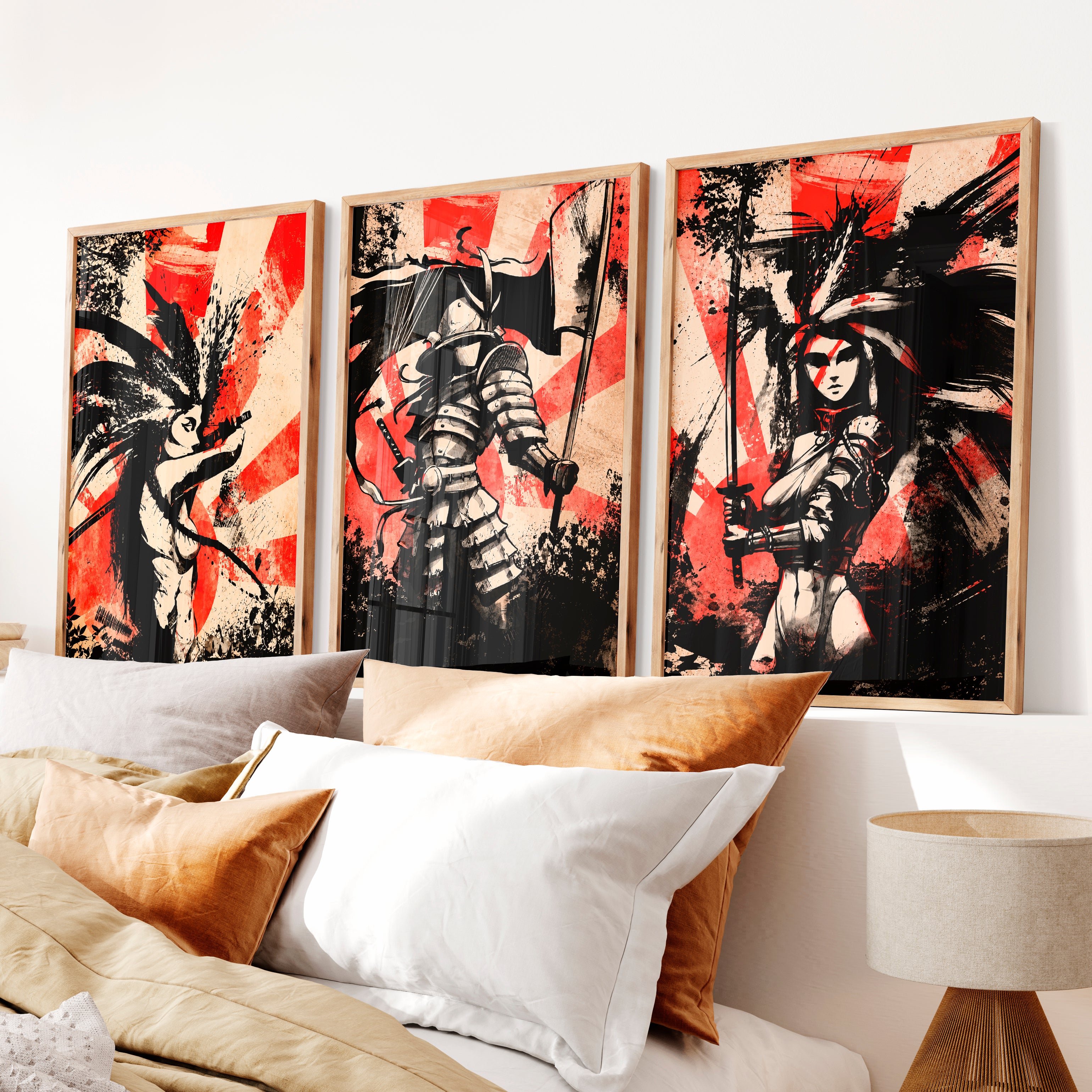 Japanese Landscape Art Featuring Mountain Peak with Red Sun - Natural Wood Framed Poster No Border - Artworksets