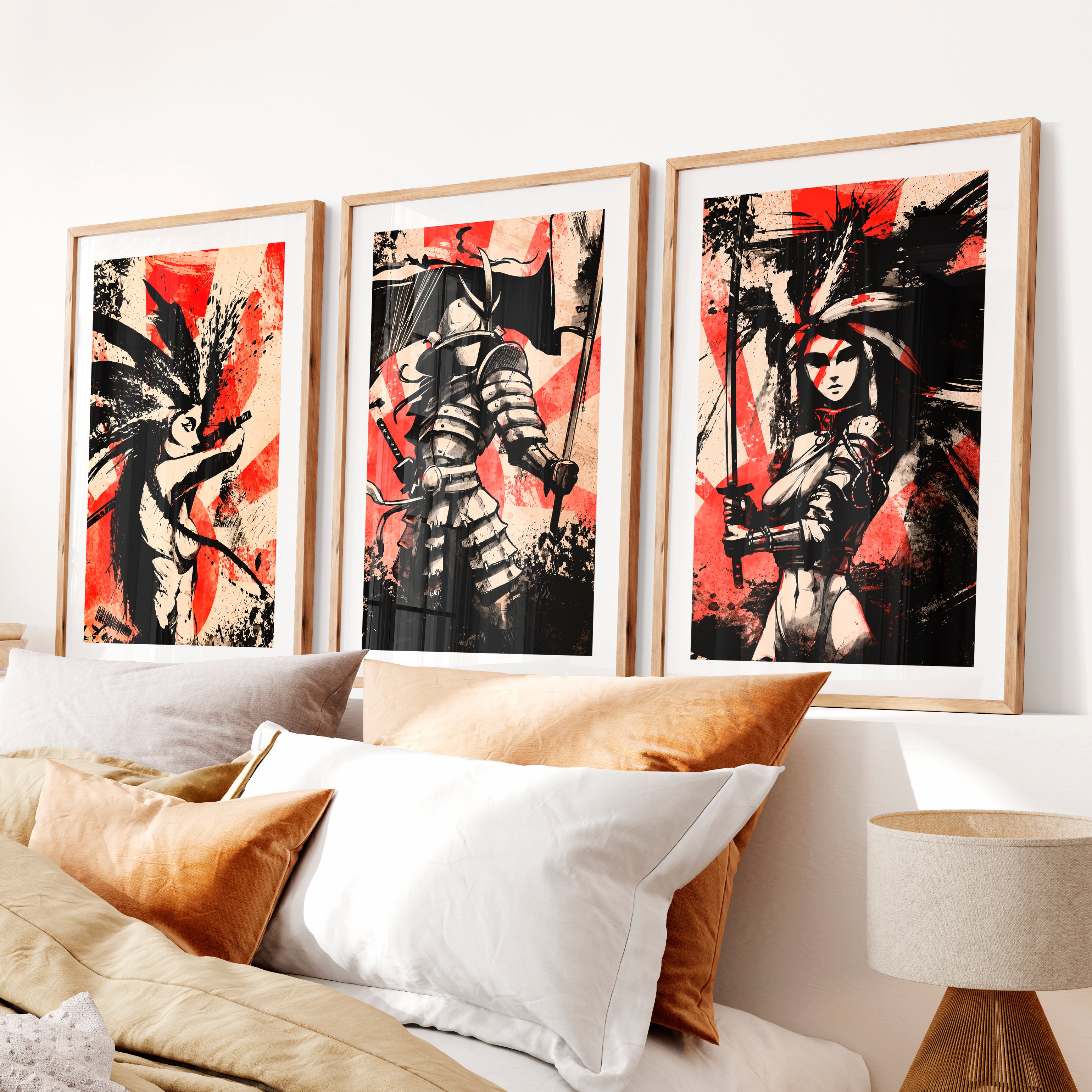 Japanese Landscape Art Featuring Mountain Peak with Red Sun- Natural Wood Framed Poster with White Border - Artworksets