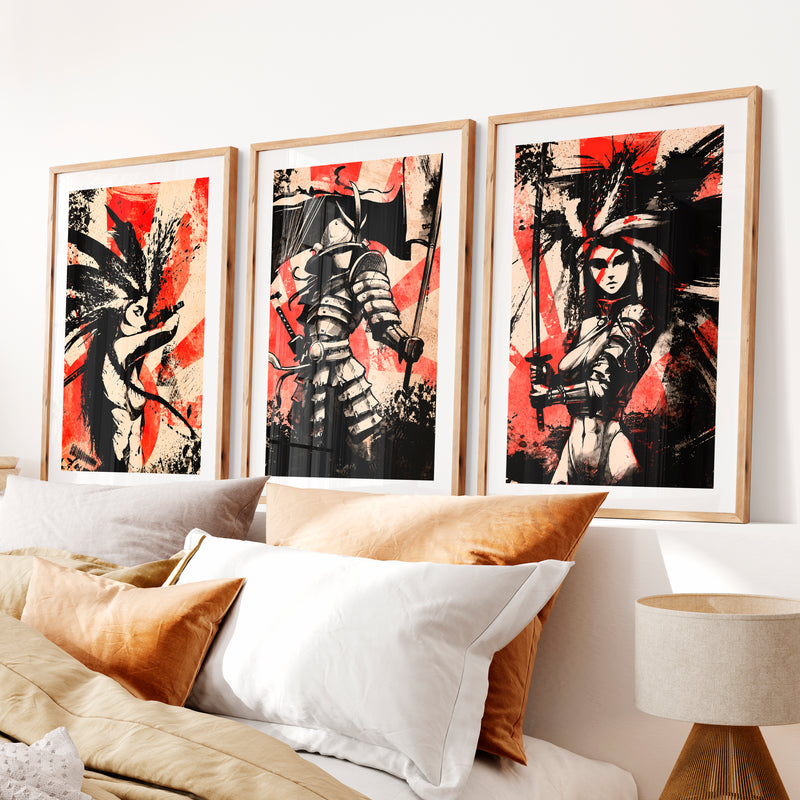 Japanese Landscape Art Featuring Mountain Peak with Red Sun- Natural Wood Framed Poster with White Border - Artworksets