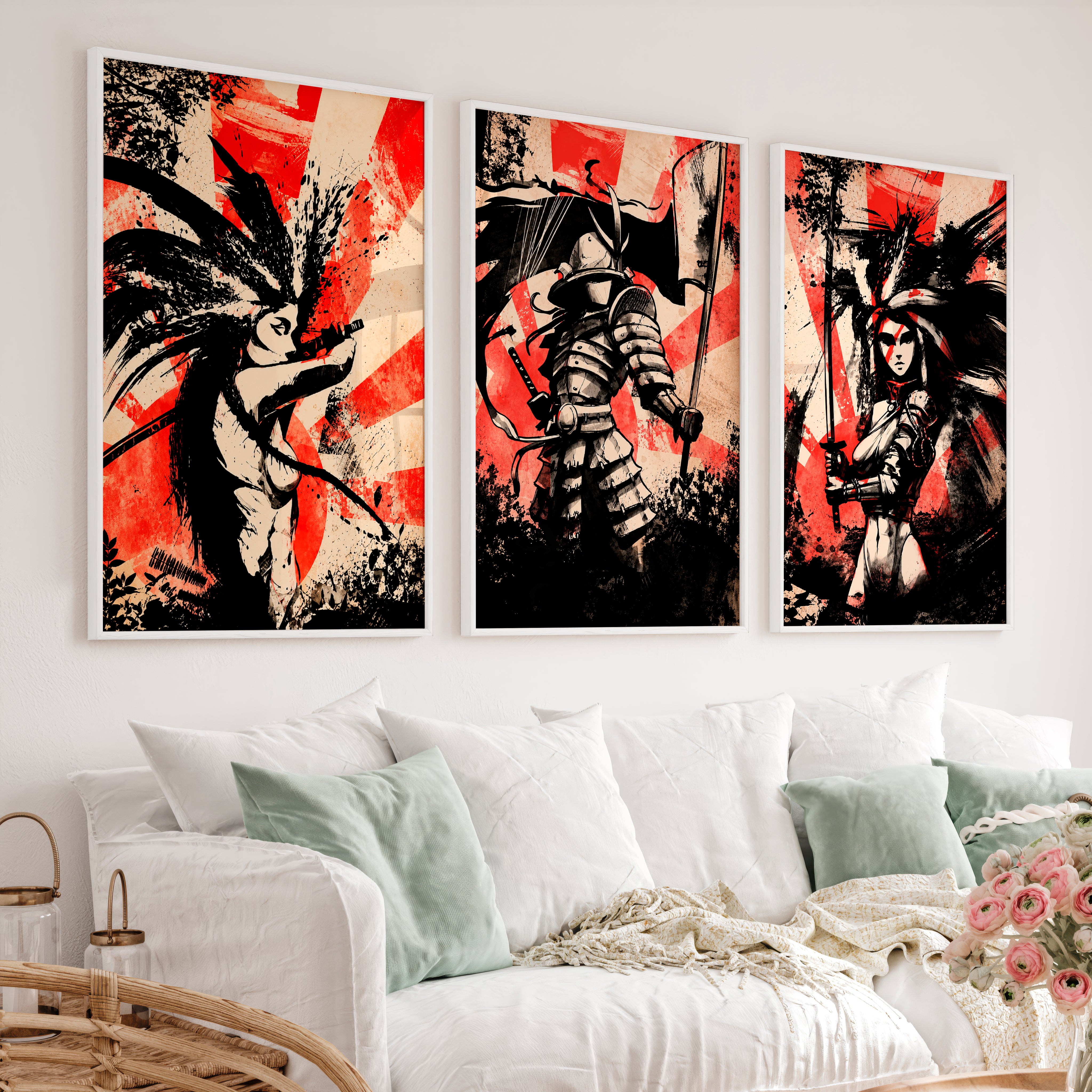 Japanese Landscape Art Featuring Mountain Peak with Red Sun - White Framed Poster No Border - Artworksets