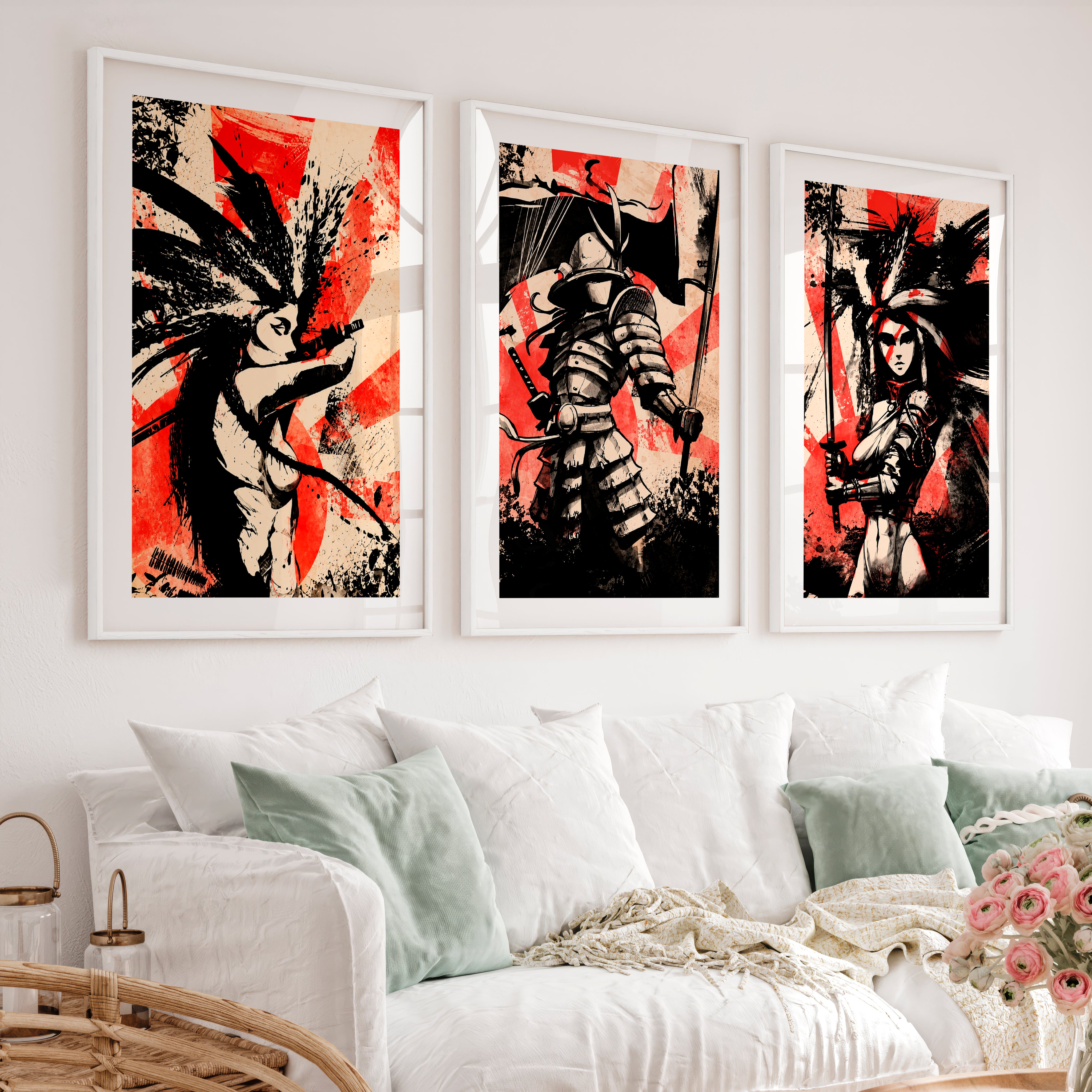 Japanese Landscape Art Featuring Mountain Peak with Red Sun - White Framed Poster with White Border - Artworksets