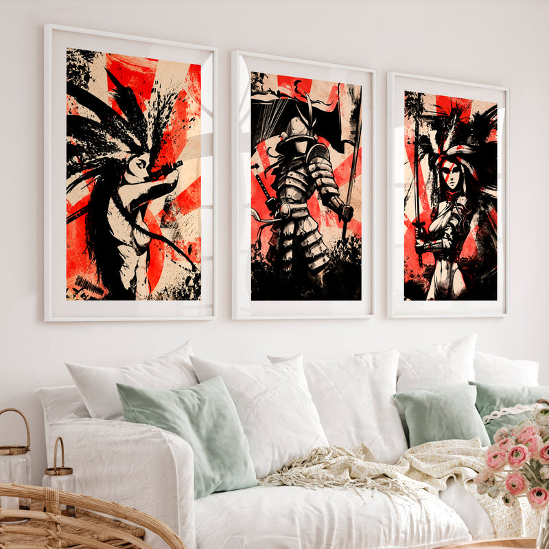 Japanese Landscape Art Featuring Mountain Peak with Red Sun - White Framed Poster with White Border - Artworksets