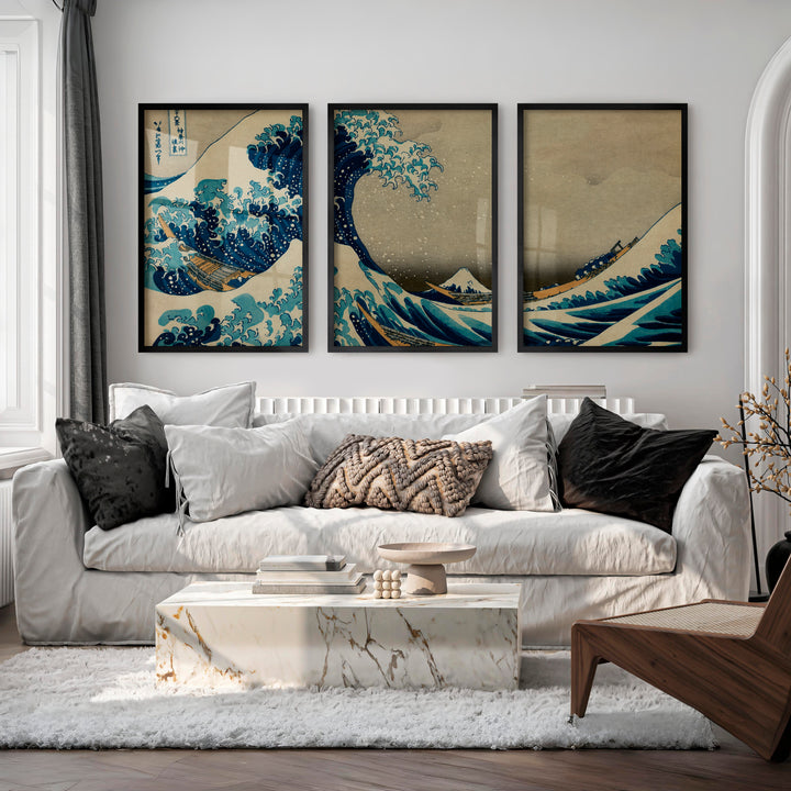 Traditional Japanese landscape art featuring terraced hills - Black Framed Poster No Border - Artworksets