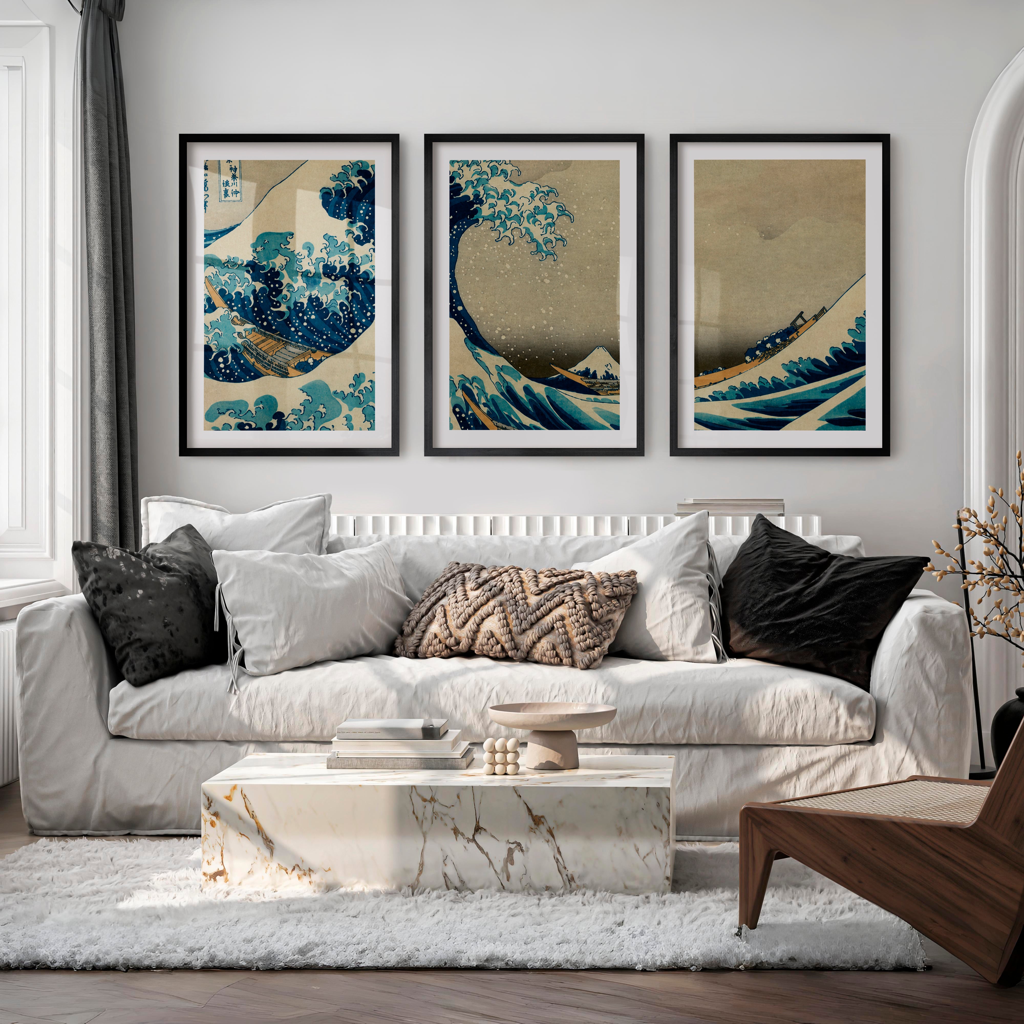 Traditional Japanese landscape art featuring terraced hills - Black Framed Poster with White Border - Artworksets