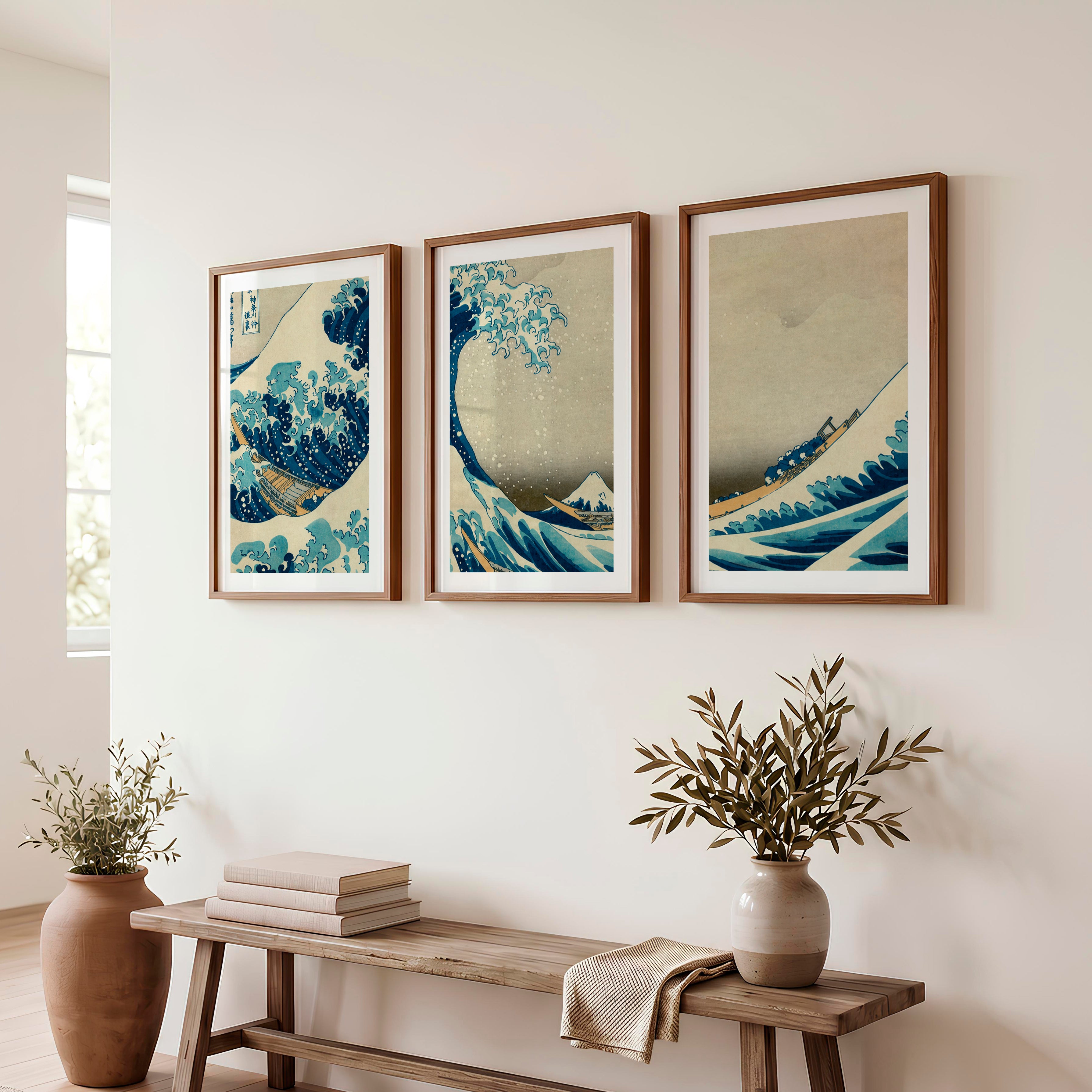 Traditional Japanese landscape art featuring terraced hills - Dark Brown Framed Poster with White Border - Artworksets