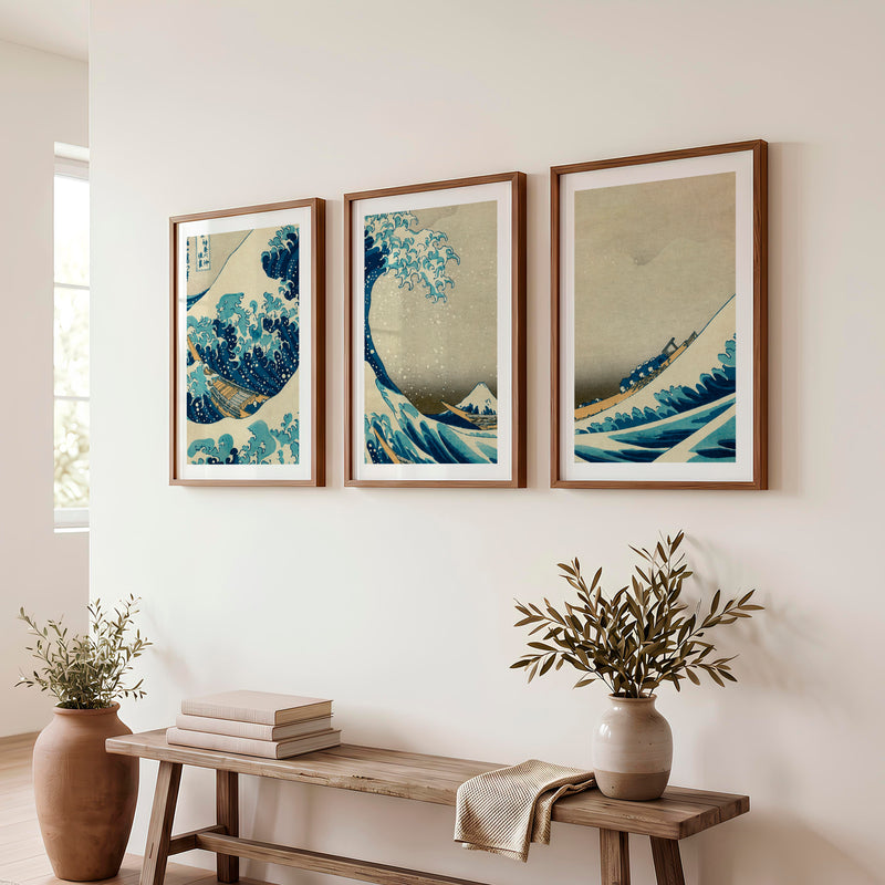 Traditional Japanese landscape art featuring terraced hills - Dark Brown Framed Poster with White Border - Artworksets