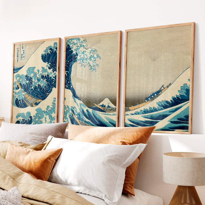 Traditional Japanese landscape art featuring terraced hills - Natural Wood Framed Poster No Border - Artworksets